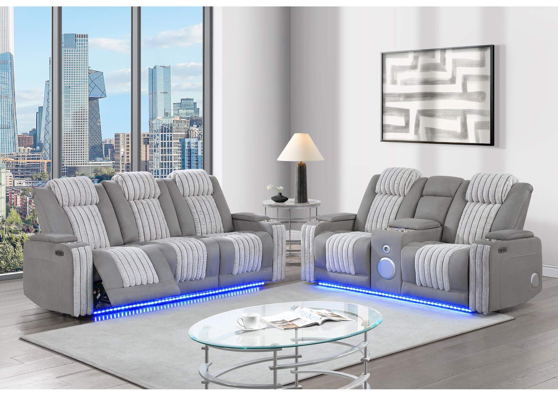 U8000 GREY POWER CONSOLE RECLINING LOVESEAT W POWER HEADREST LED & BLUETOOTH SPEAKER - POWER RECLINING SOFA W HEADREST DDT TABLE READING LIGHT & LED image 1