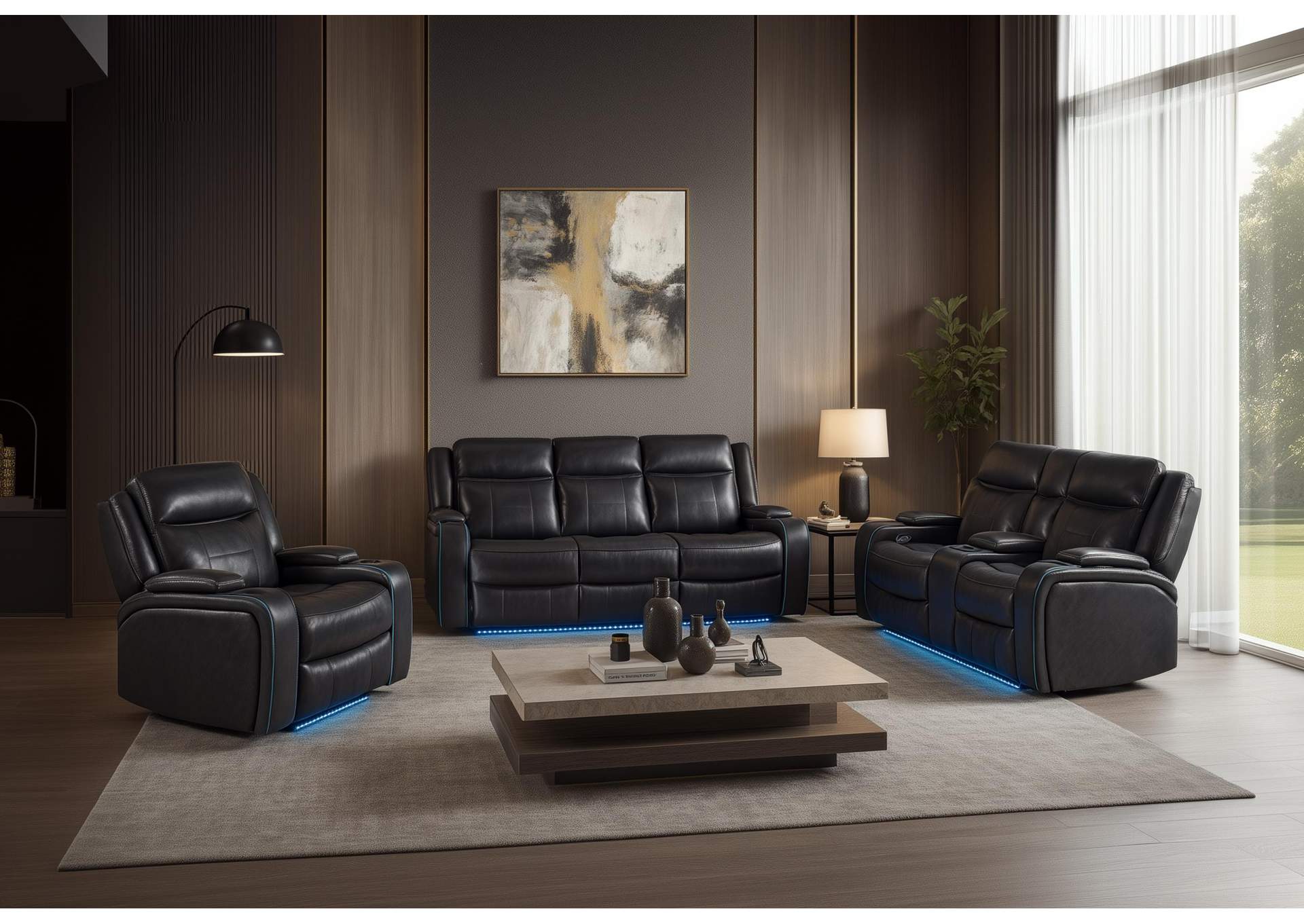 UM2768 BLANCHE CHARCOAL POWER RECLINING SOFA - POWER CONSOLE RECLINING LOVESEAT WITH GLOBAL SURROUND SPEAKER image 1
