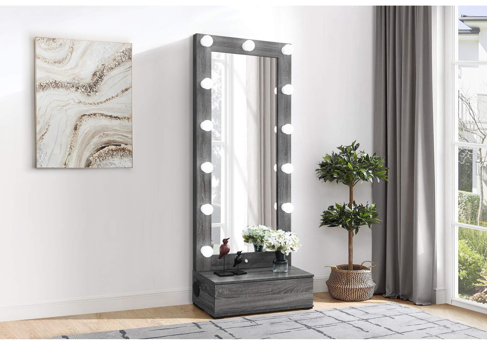 LEXI GREY TALL MIRROR WITH DRAWER AND SPEAKERS image 1