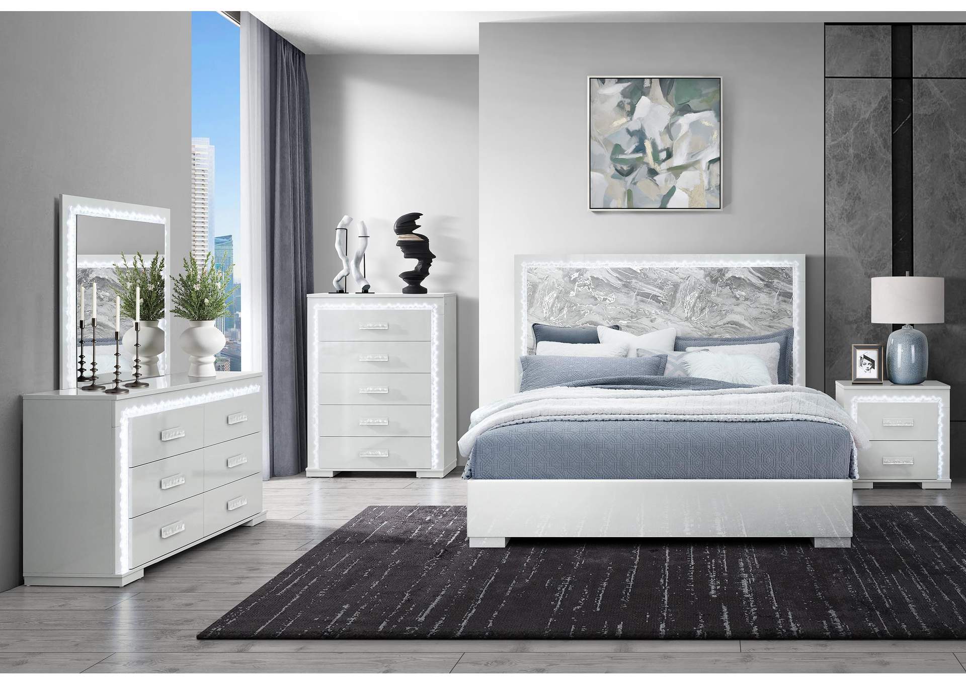 NAOMI SILVER MARBLE KING BED GROUP WITH LED image 1