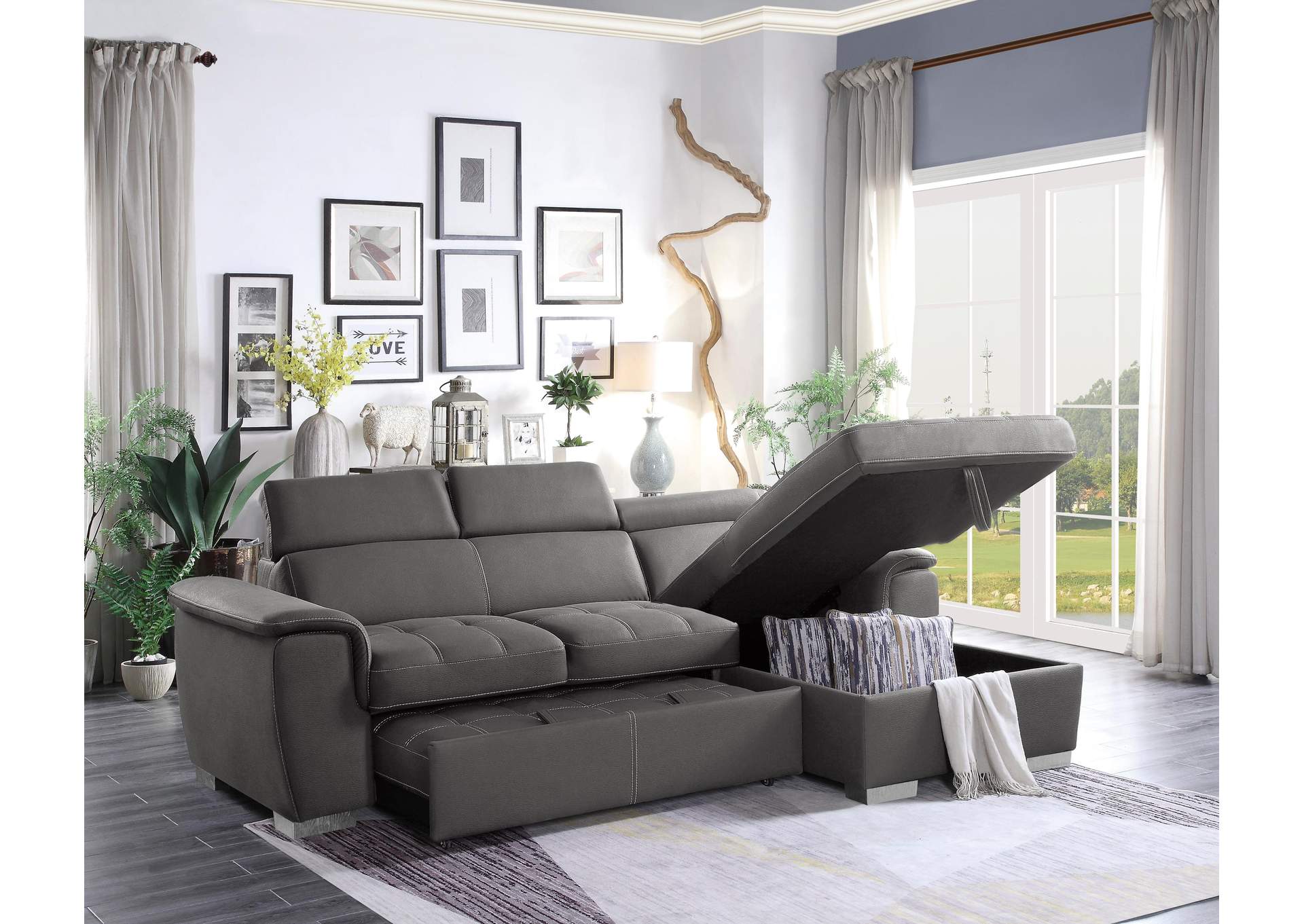 Ferriday 2-Piece Sectional with Adjustable Headrests, Pull-out Bed and Right Chaise with Hidden Storage image 7