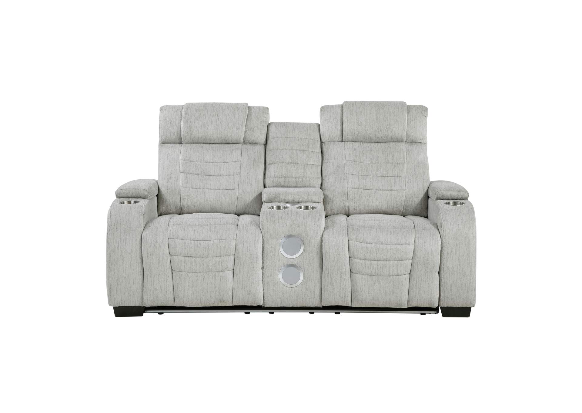 Double Reclining Love Seat with Center Console, Wireless Speakers, Storage Arms, Cup holders and LED image 1