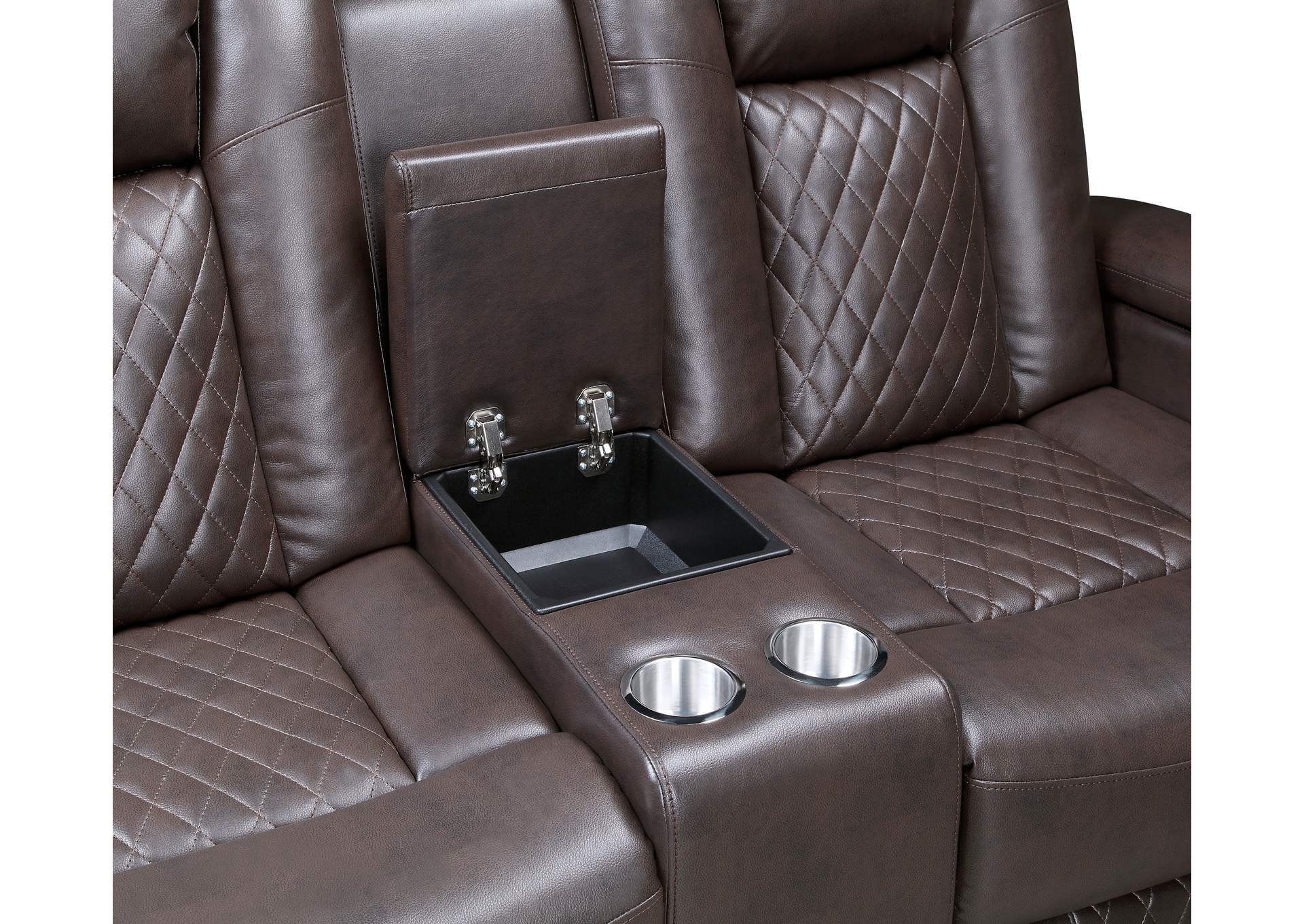 Caelan Power Double Reclining Love Seat with Center Console, Power Headrests, Storage Arms and Cup holders image 1