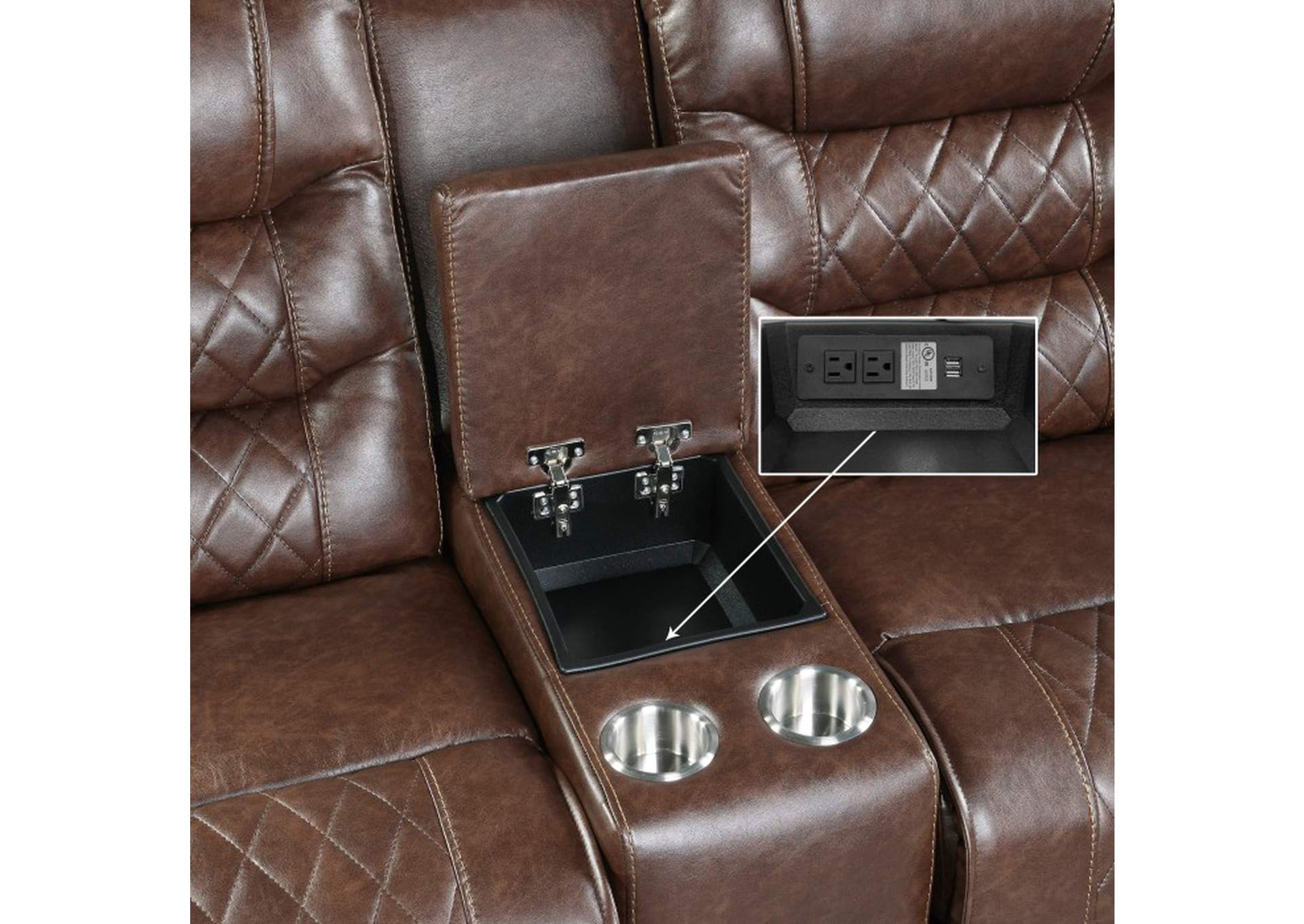 Putnam Power Double Reclining Love Seat with Center Console, Receptacles and USB Ports