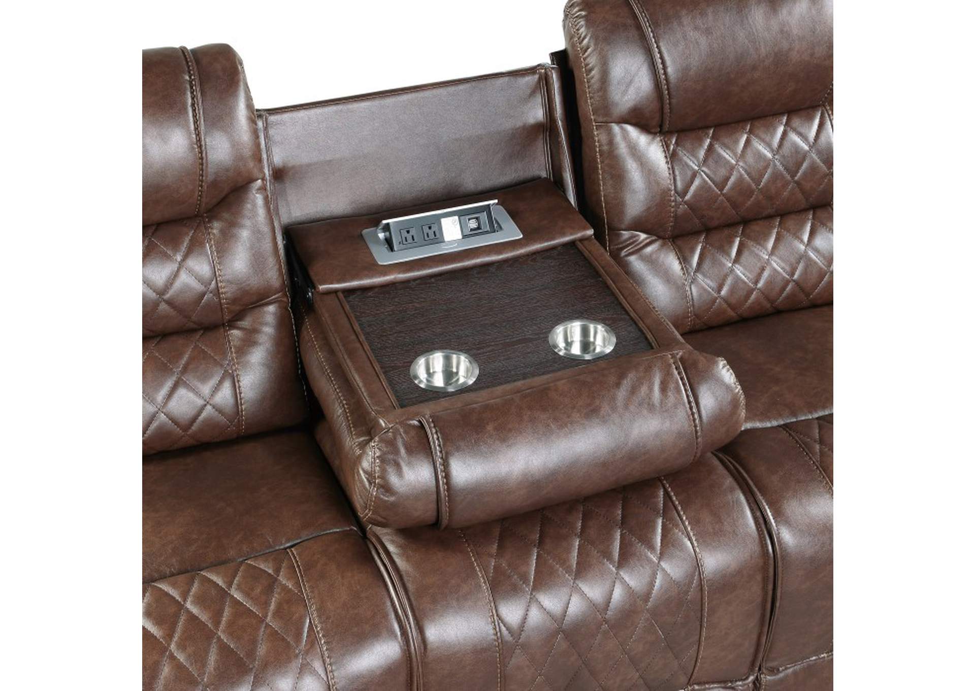 Putnam Power Double Reclining Sofa with Center Drop-Down Cup Holders, Receptacles and USB Ports