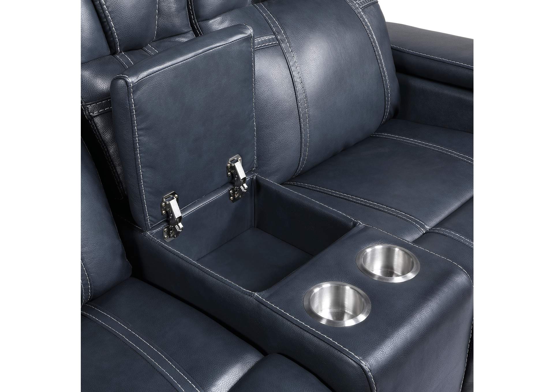 Keziah Power Double Reclining Love Seat with Center Console, Power Headrests and Storage Arms image 1
