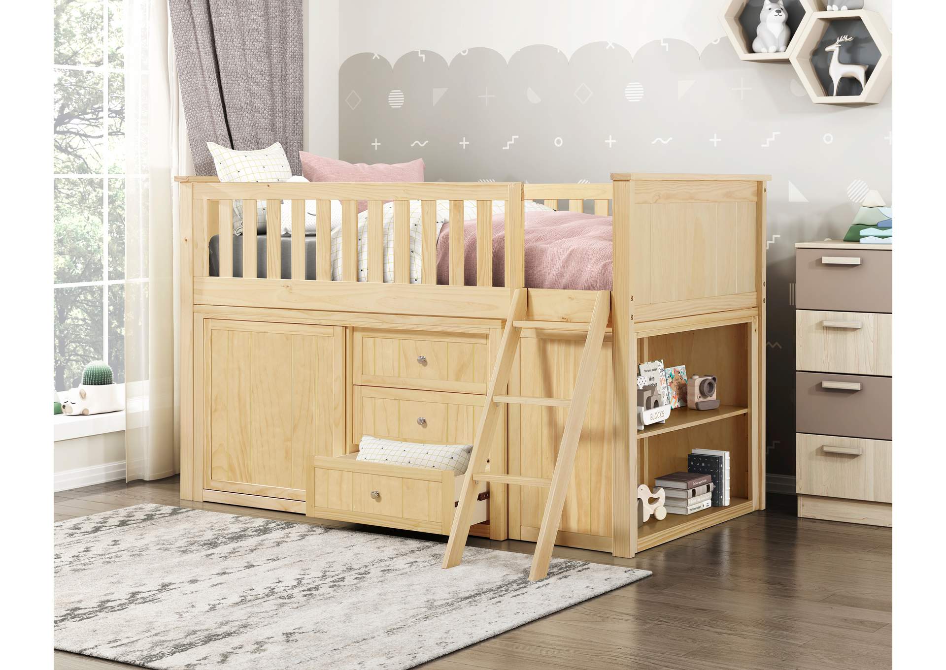 Bartly Low Loft Bunk with Bookcase and Dresser image 1
