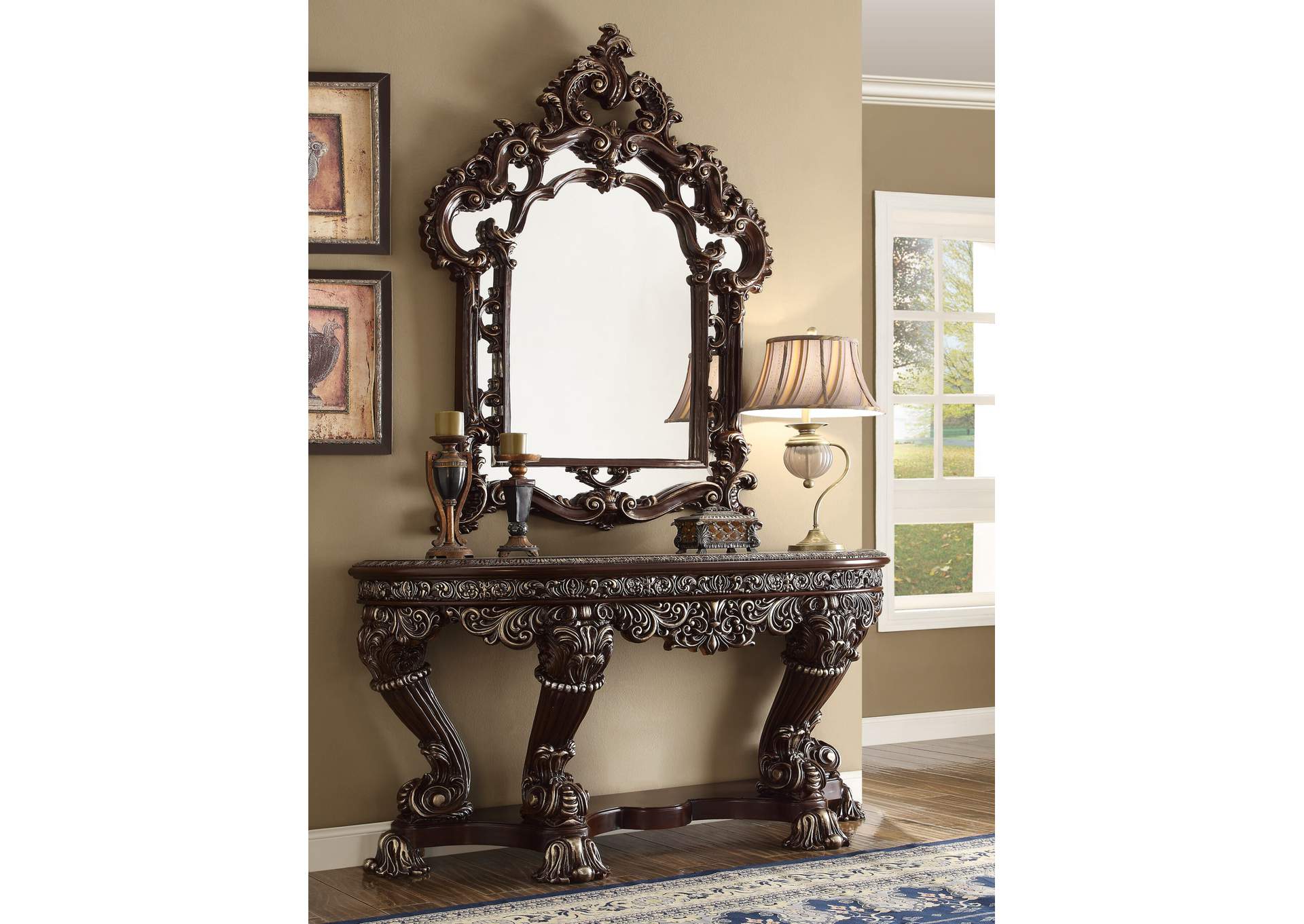 Brown Cherry with Silver Highlights Console Table