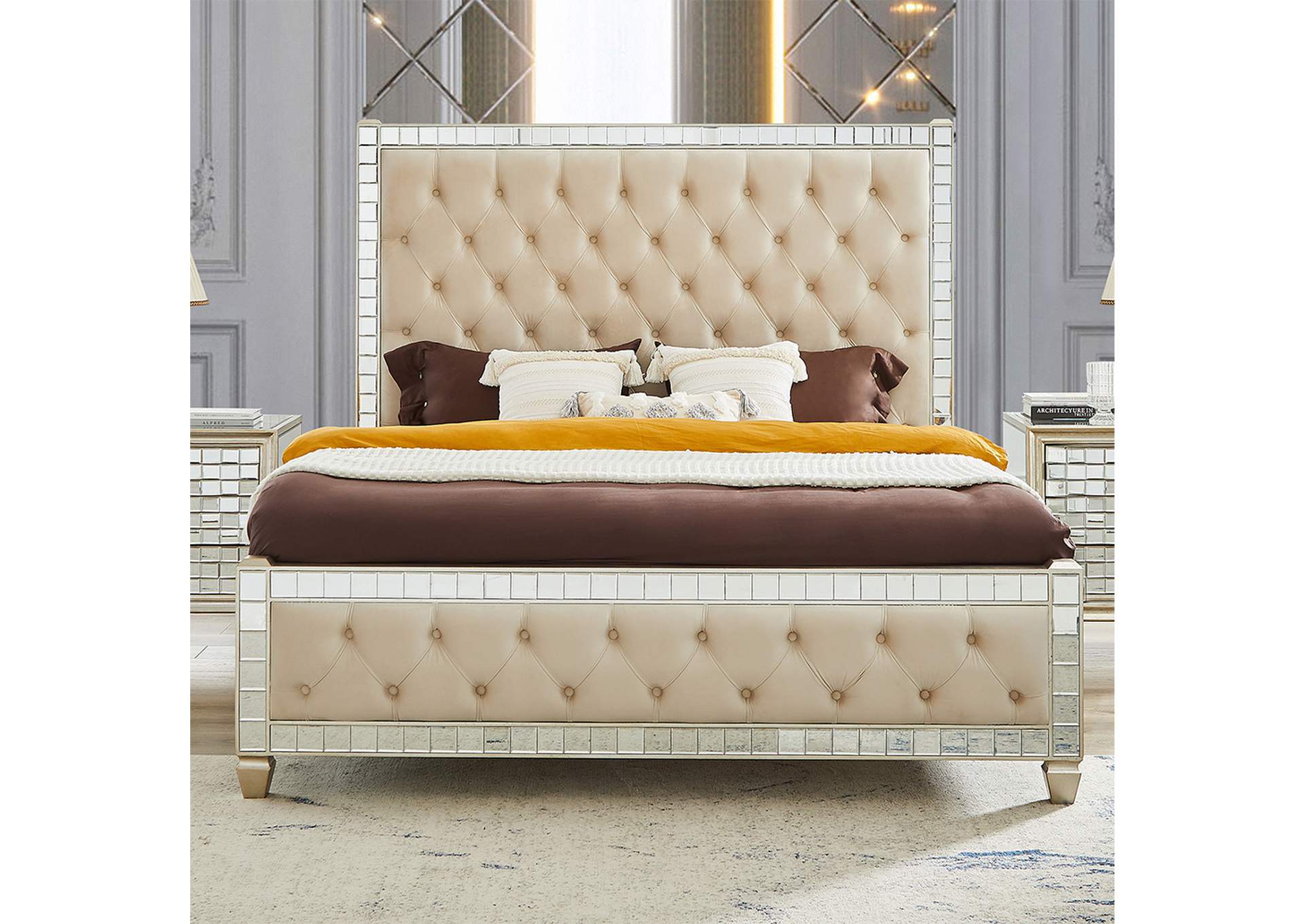 Mirrored with Beige Leather 5 Piece Ek Bedroom Set image 4