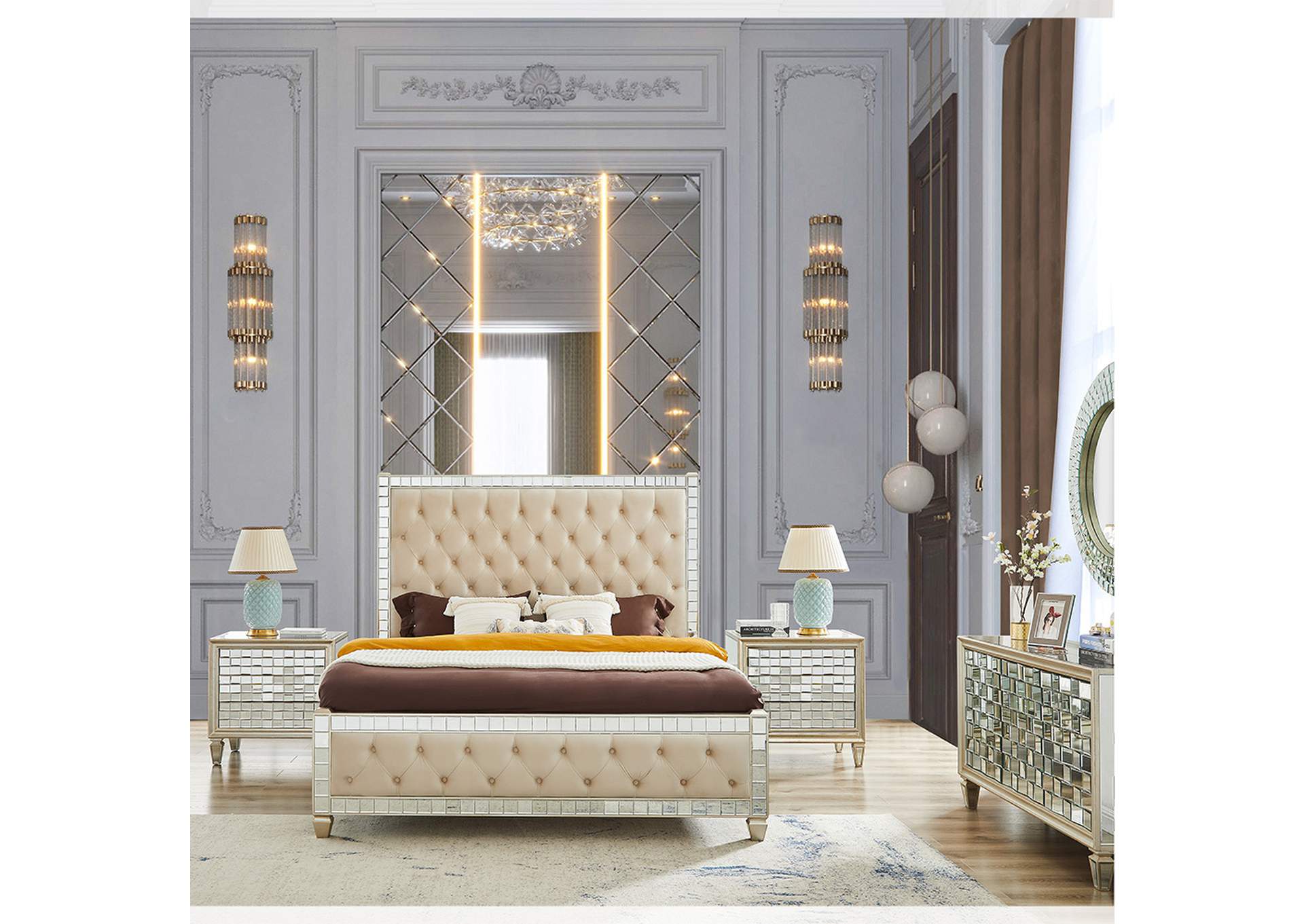 Mirrored with Beige Leather 5 Piece Ek Bedroom Set image 1