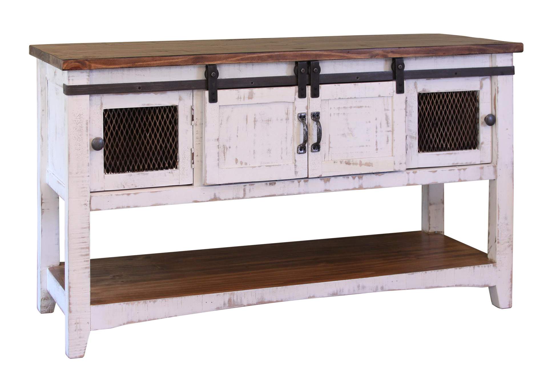 Pueblo White Sofa Table - Antiqued White & Brown