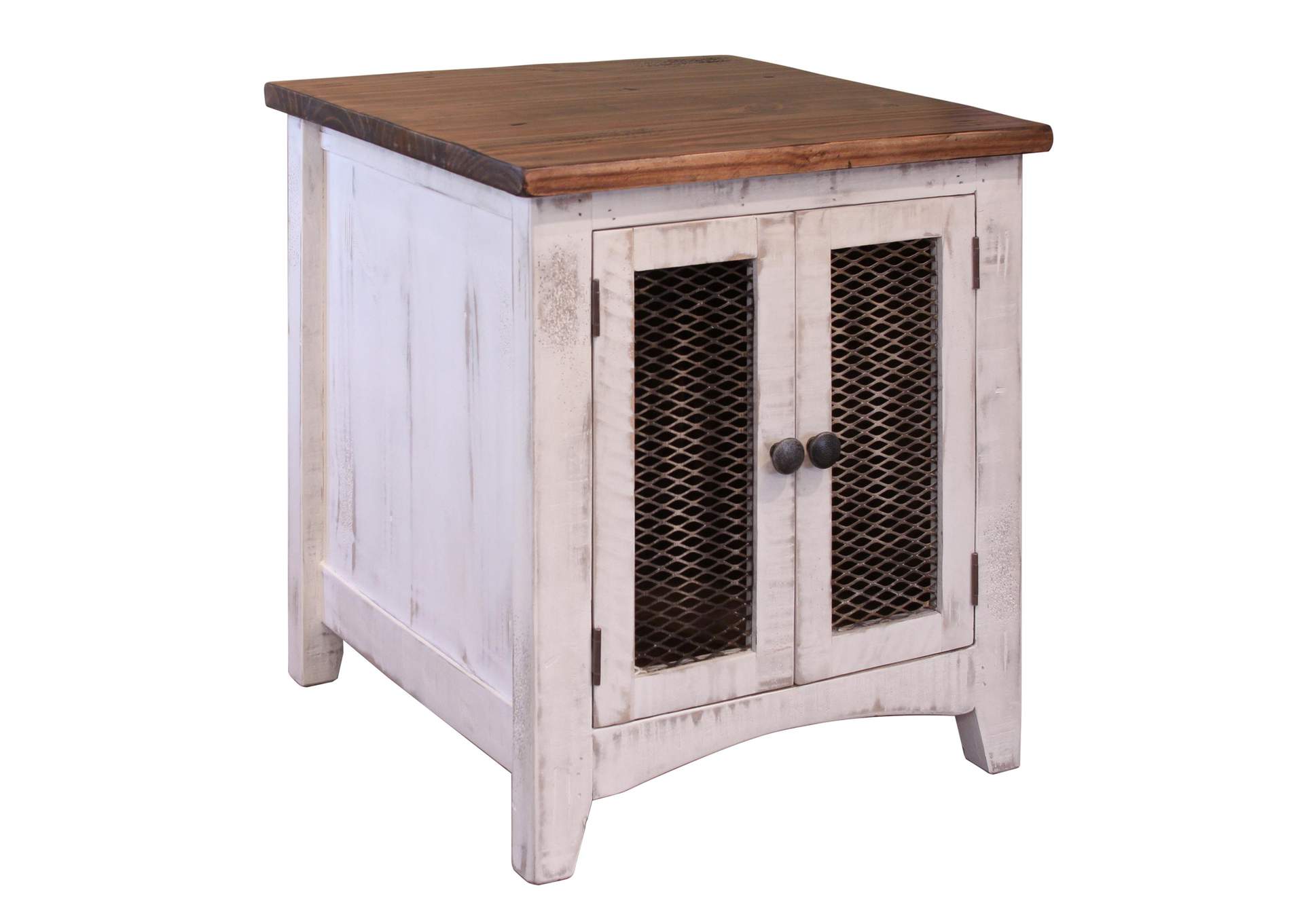 Pueblo White End Table - Antiqued White & Brown