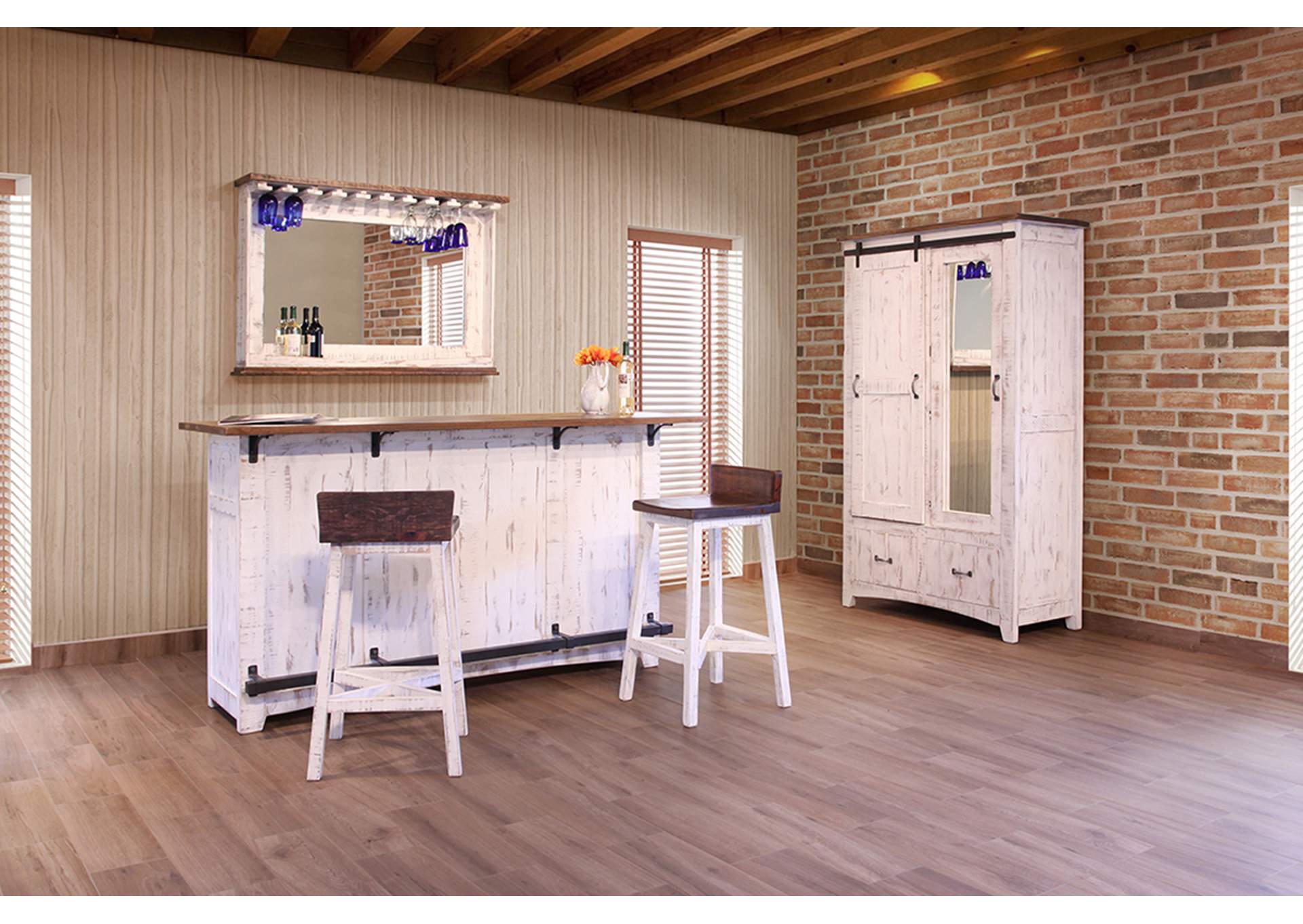 Pueblo White Barstool - Antiqued White & Brown