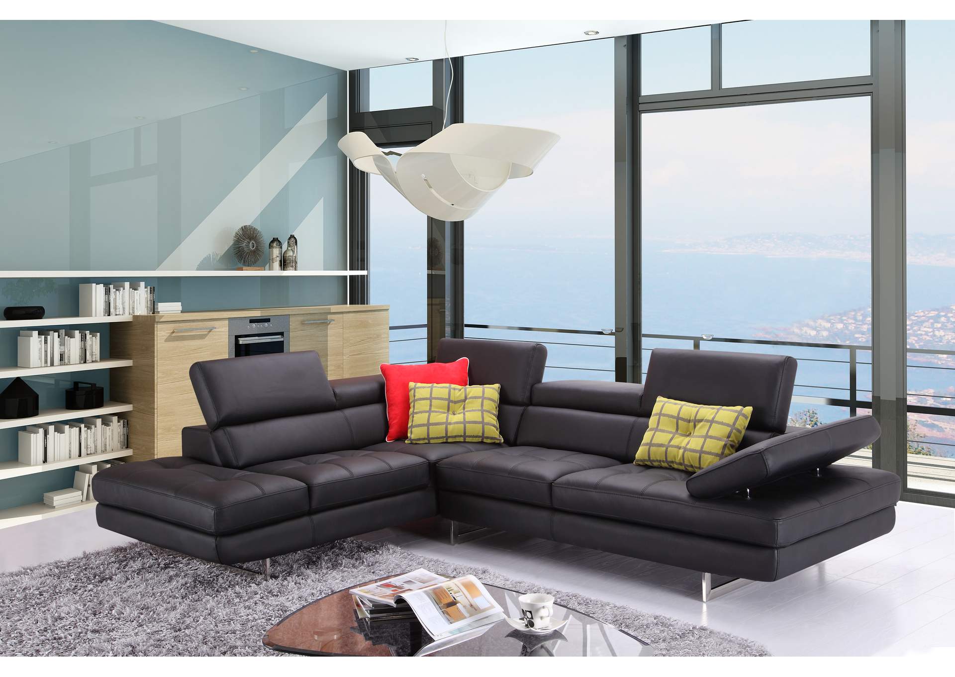 A761 Italian Leather Sectional Slate Black In Left Hand Facing image 1