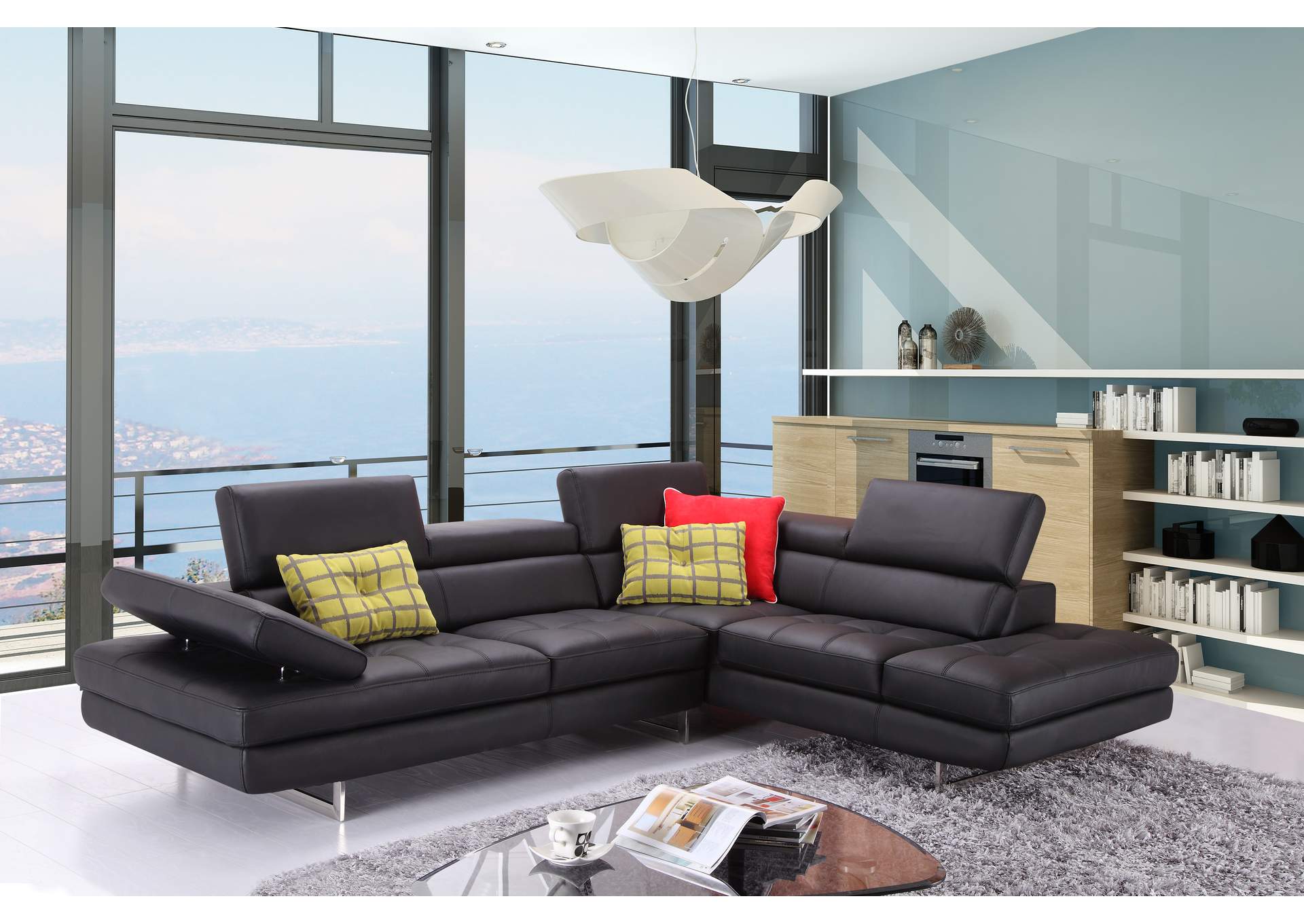 A761 Italian Leather Sectional Slate Black In Right Hand Facing image 1