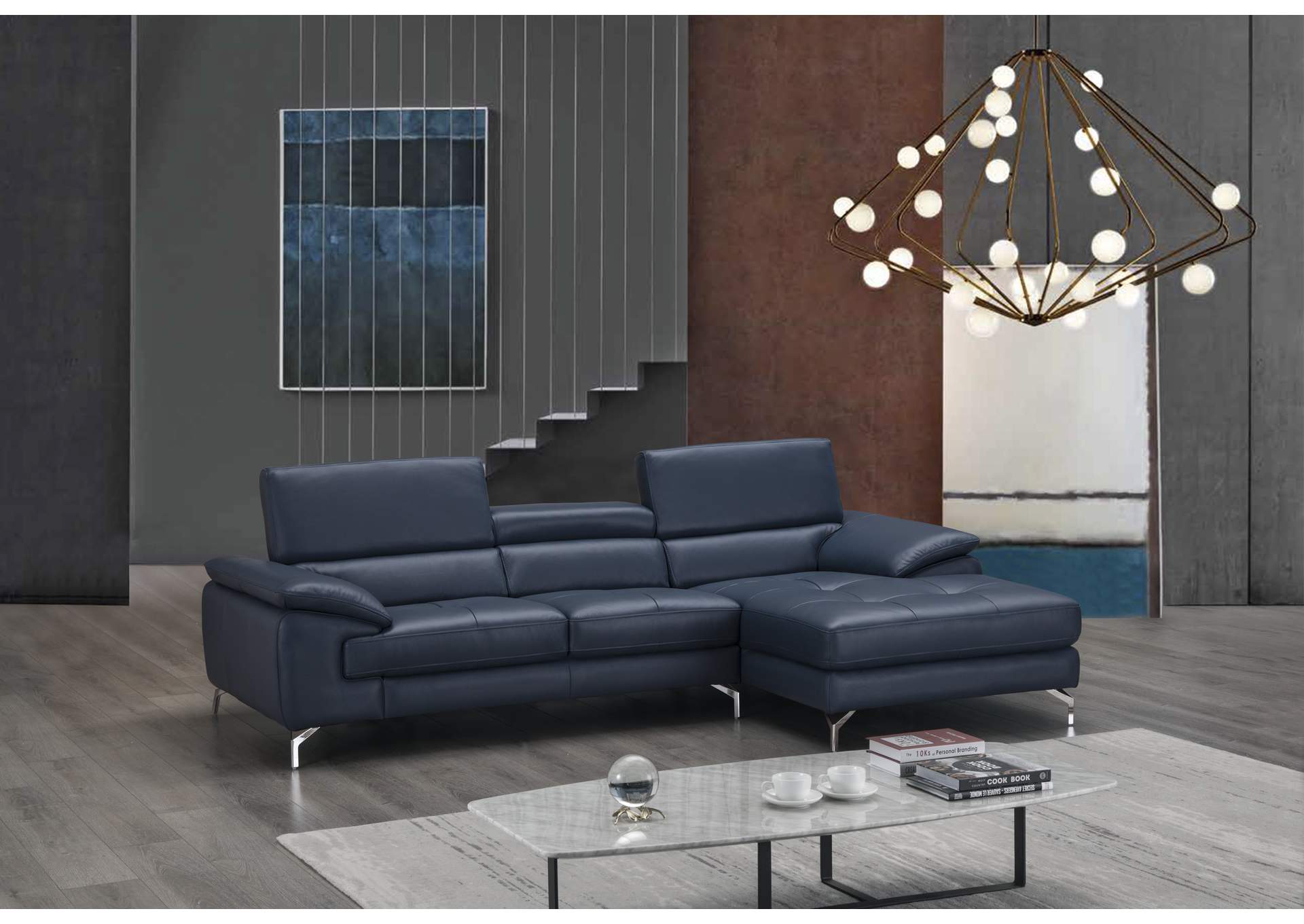 A973B Italian Leather Mini Sectional Right Facing Chaise In Blue image 5