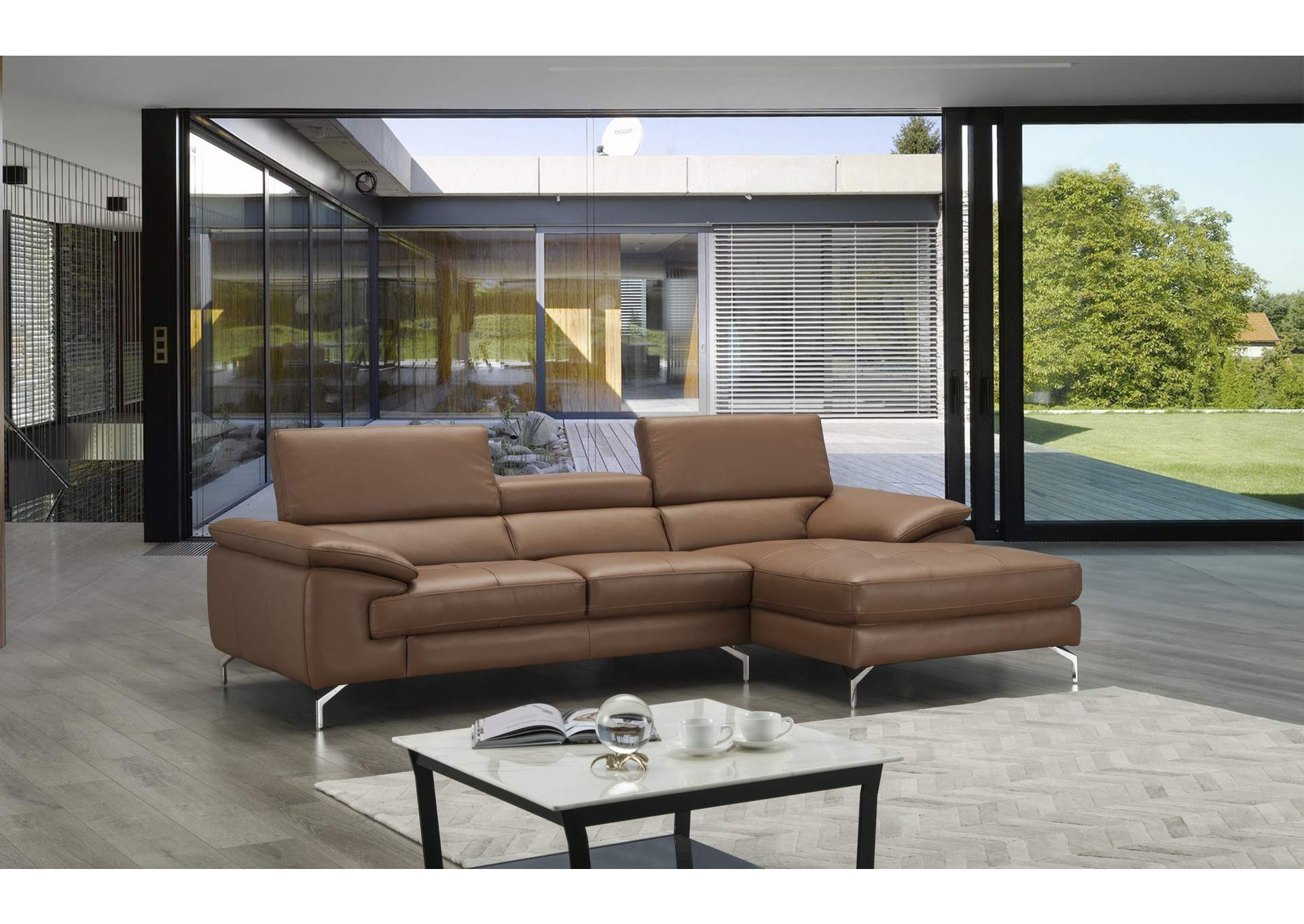 A973B Italian Leather Mini Sectional Right Facing Chaise In Caramel image 5
