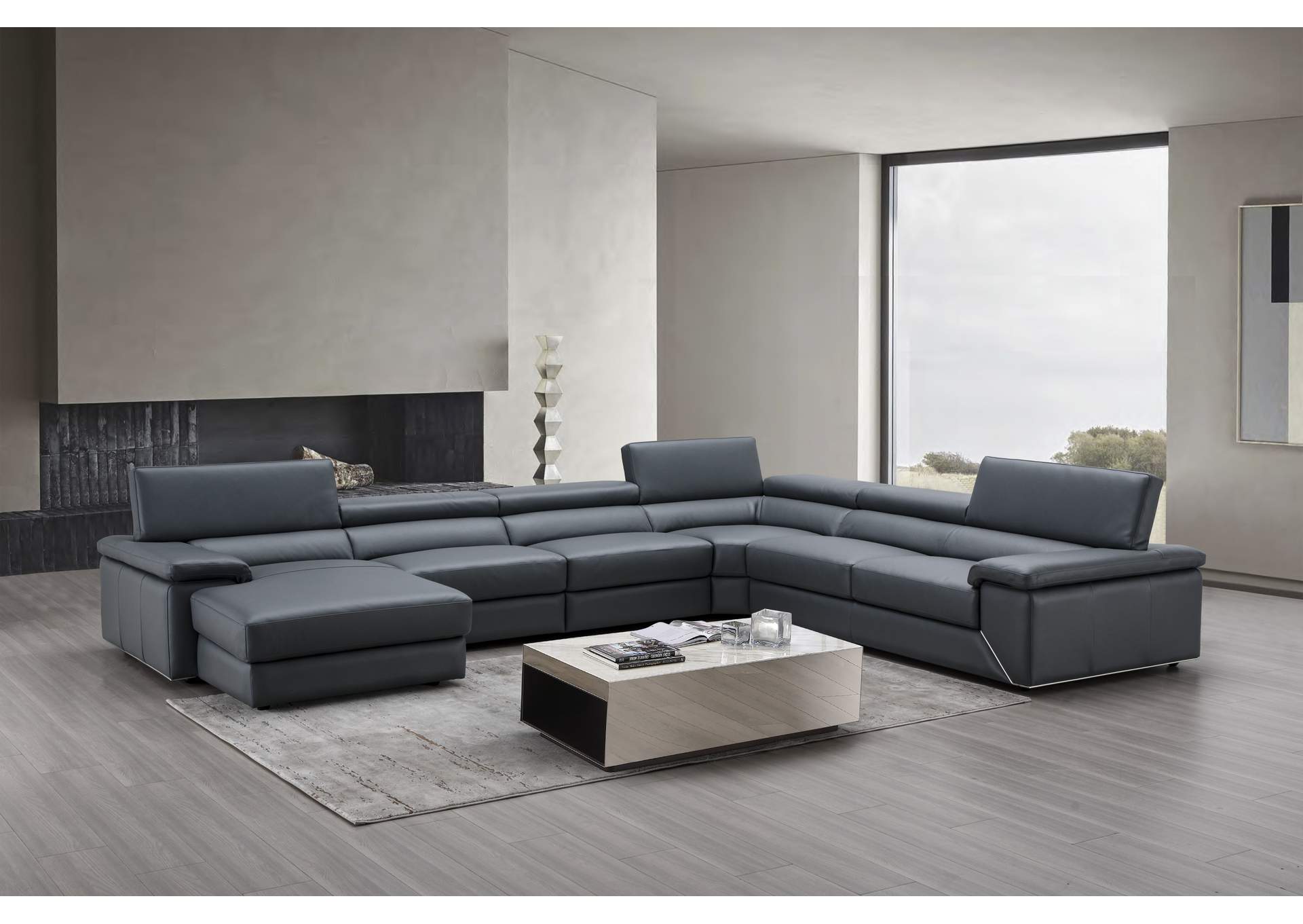 Kobe Left Facing Leather Sectional In Blue Grey image 6