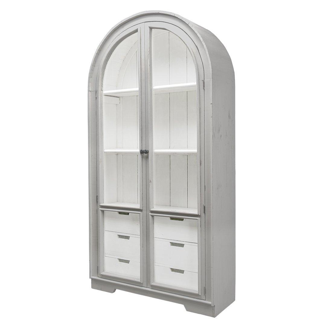 SOLID WOOD DISPLAY CABINET by ARDENT HOME. RUBBED AGED GRAY W/ WHITE INTERIOR. image 1