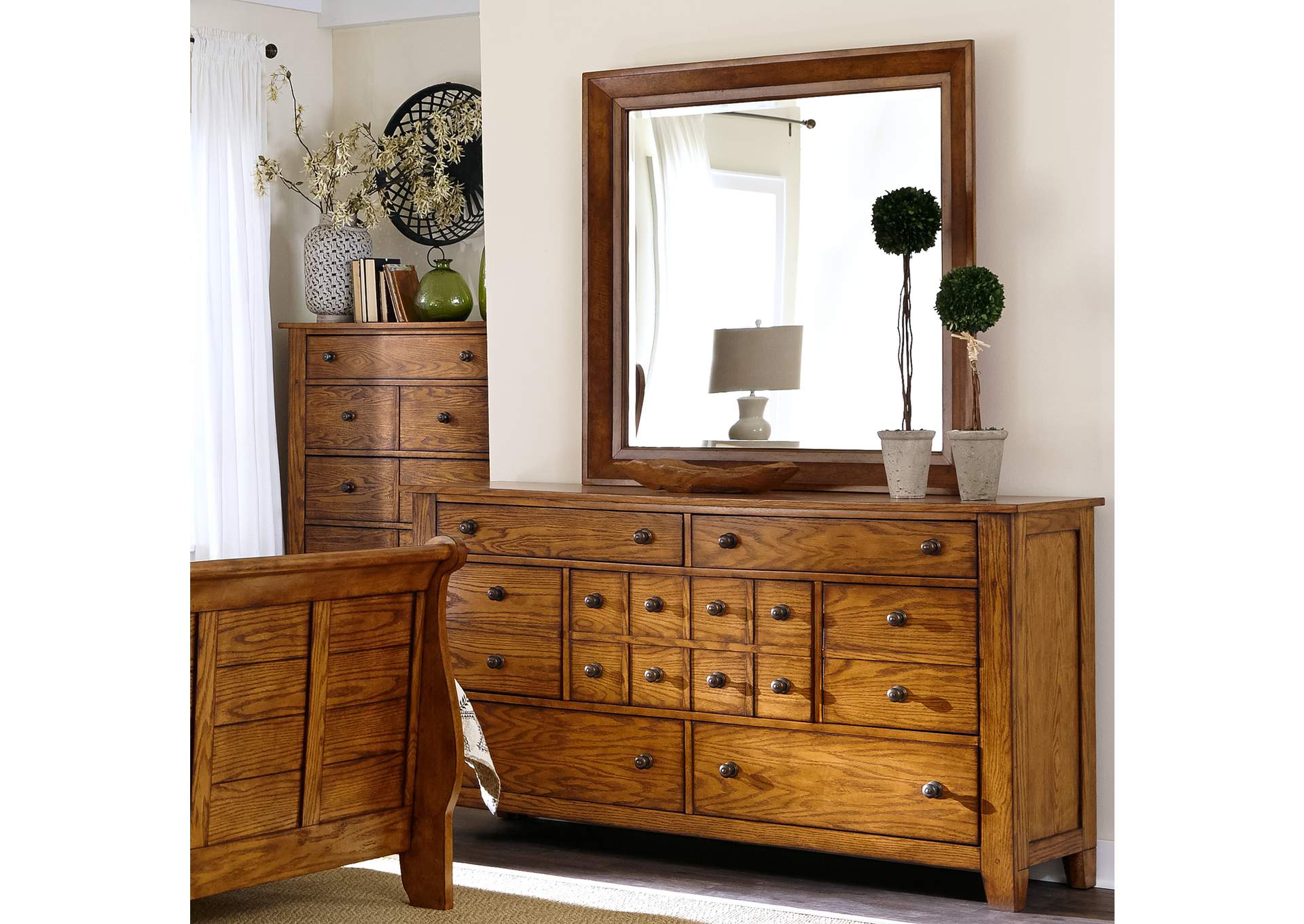 Grandpas Cabin California King Sleigh Bed, Dresser & Mirror, Nightstand