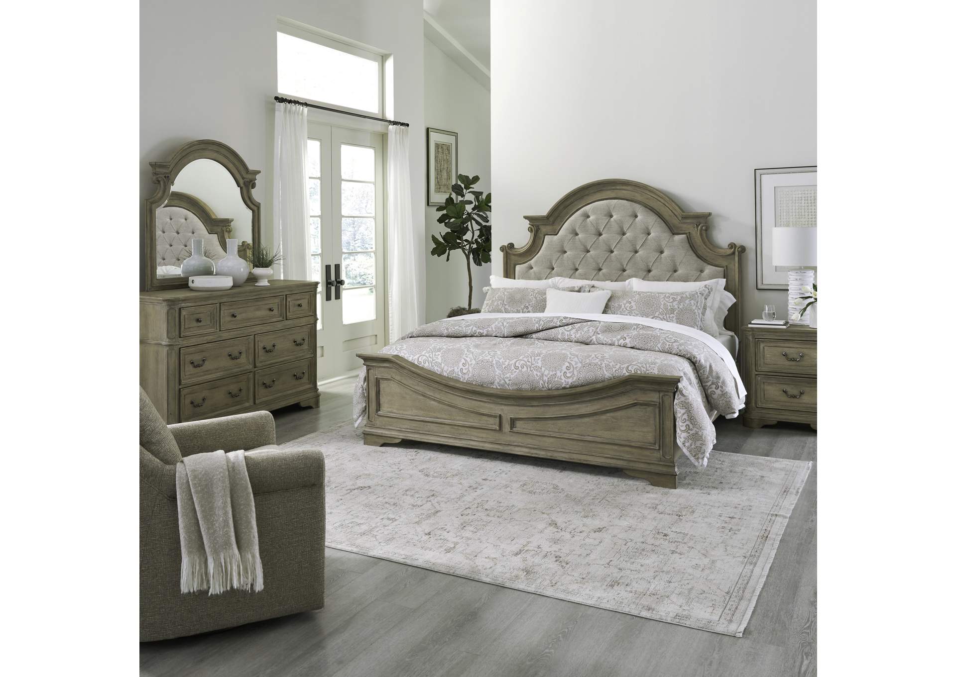 Magnolia Manor Queen Upholstered Bed, Dresser & Mirror, Nightstand
