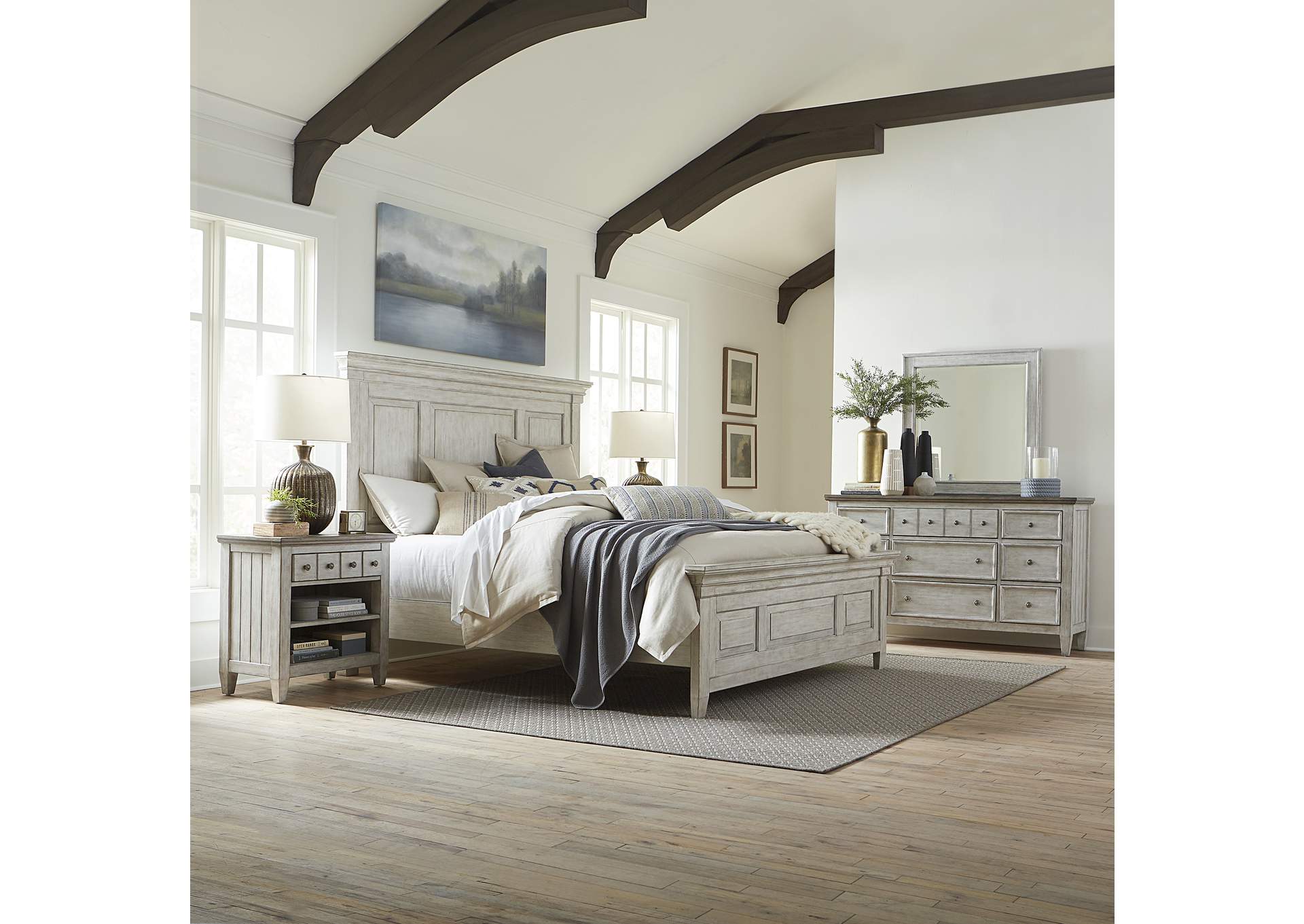 Heartland Queen Panel Bed, Dresser & Mirror, Nightstand