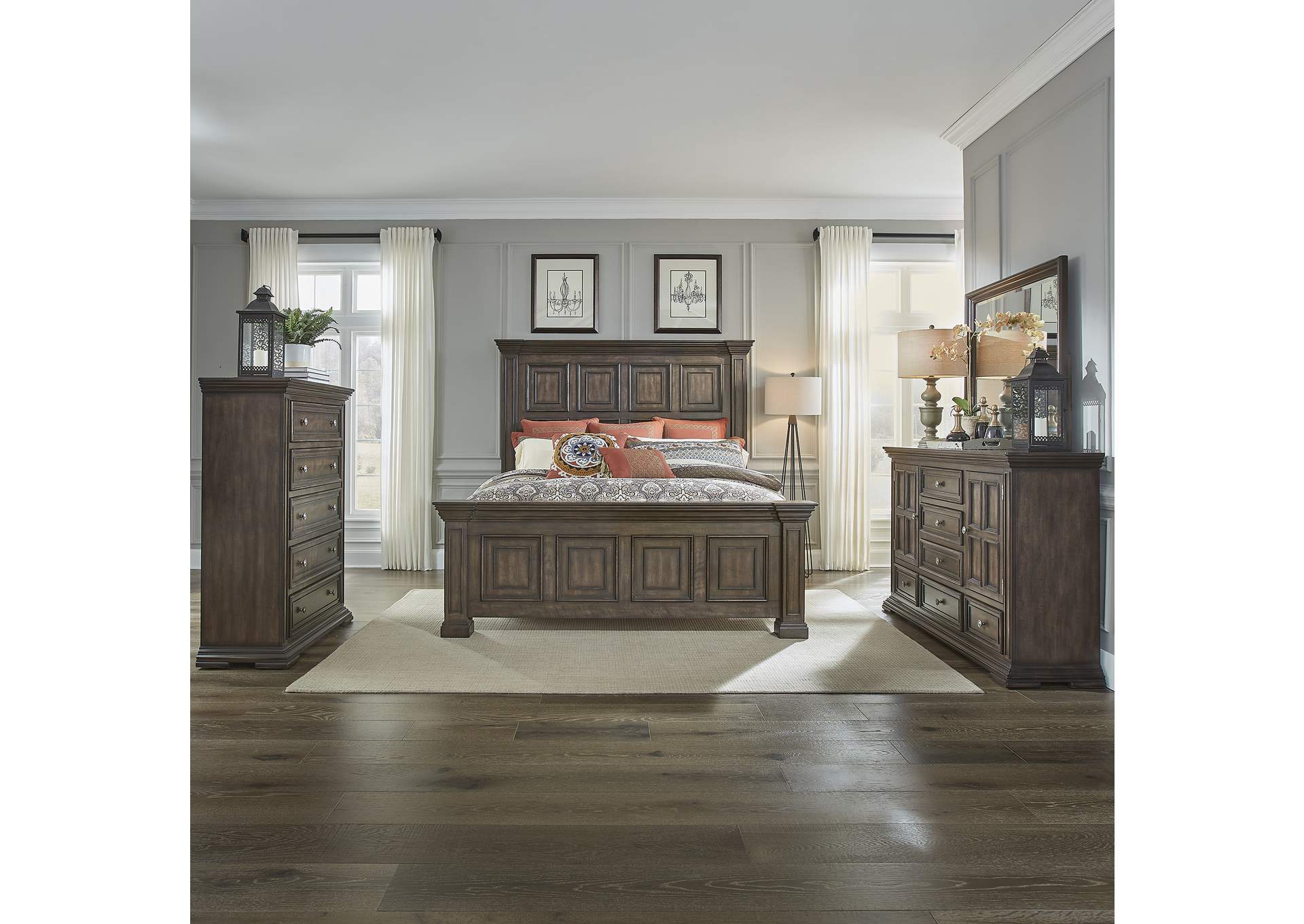 Big Valley California King Panel Bed, Dresser & Mirror, Chest