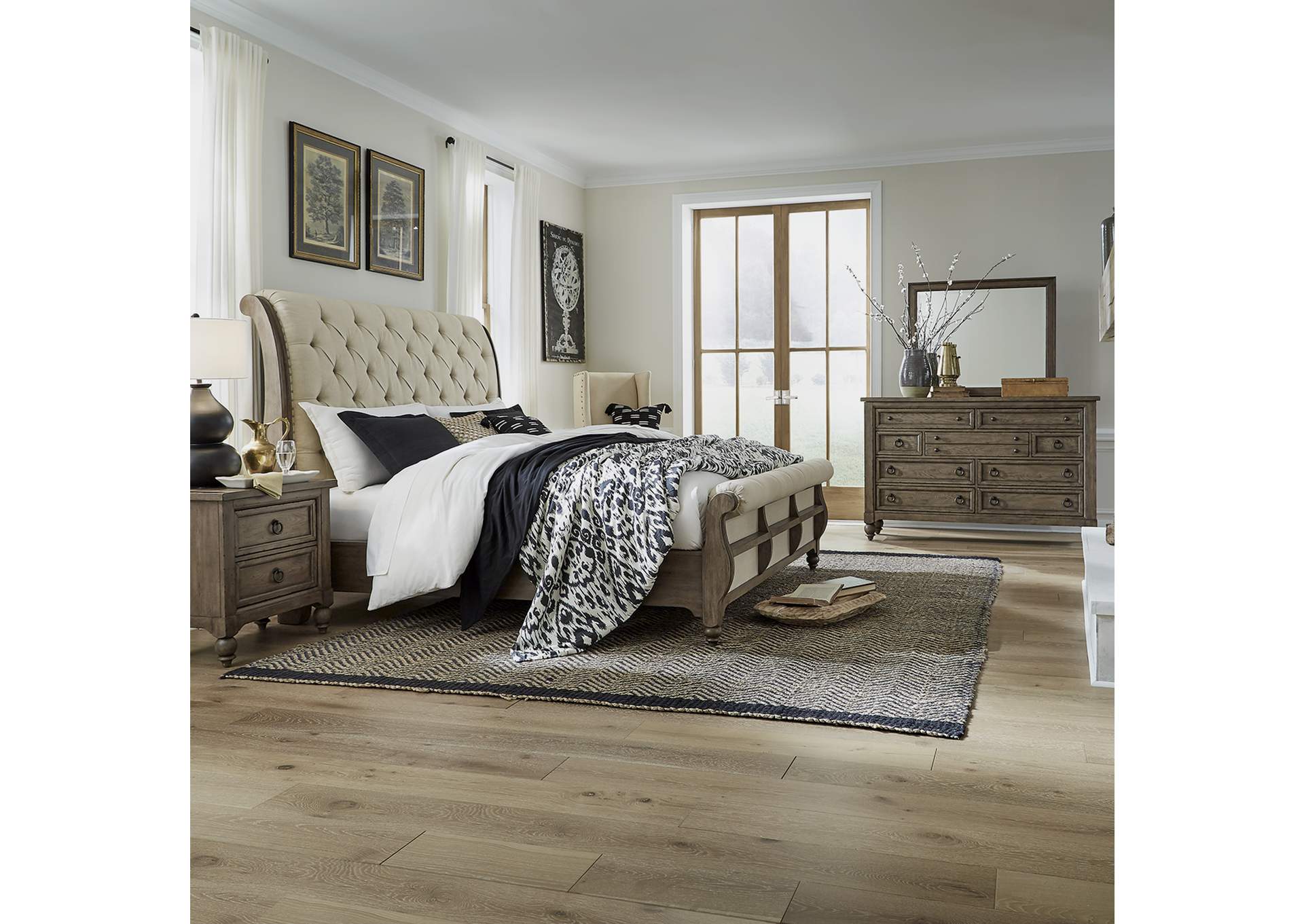 Americana Farmhouse Queen Sleigh Bed, Dresser & Mirror, Nightstand