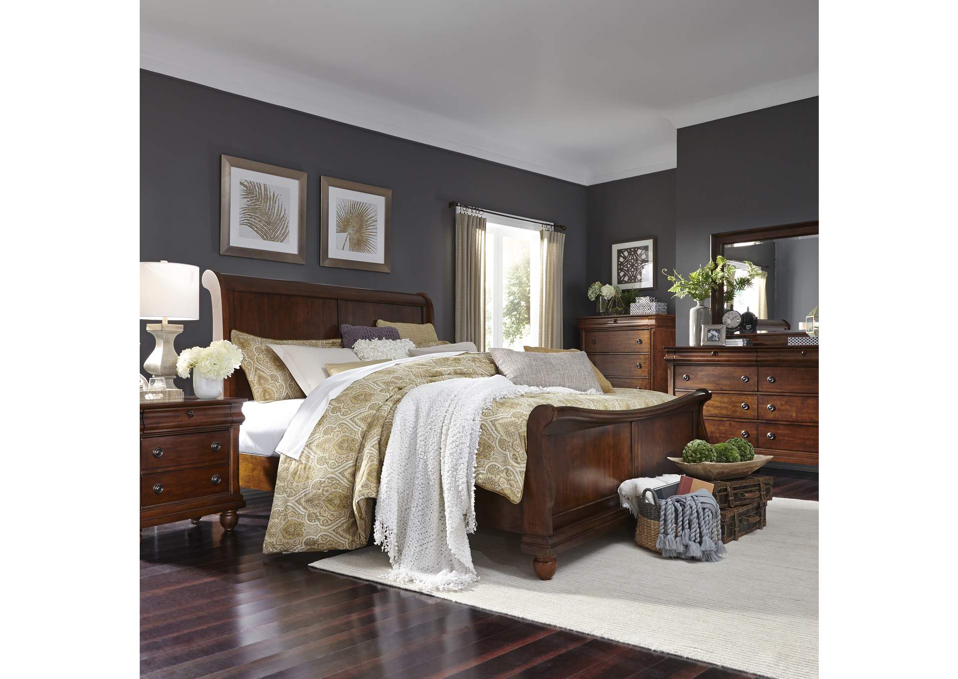 Rustic Traditions California King Sleigh Bed, Dresser & Mirror, Chest, Nightstand