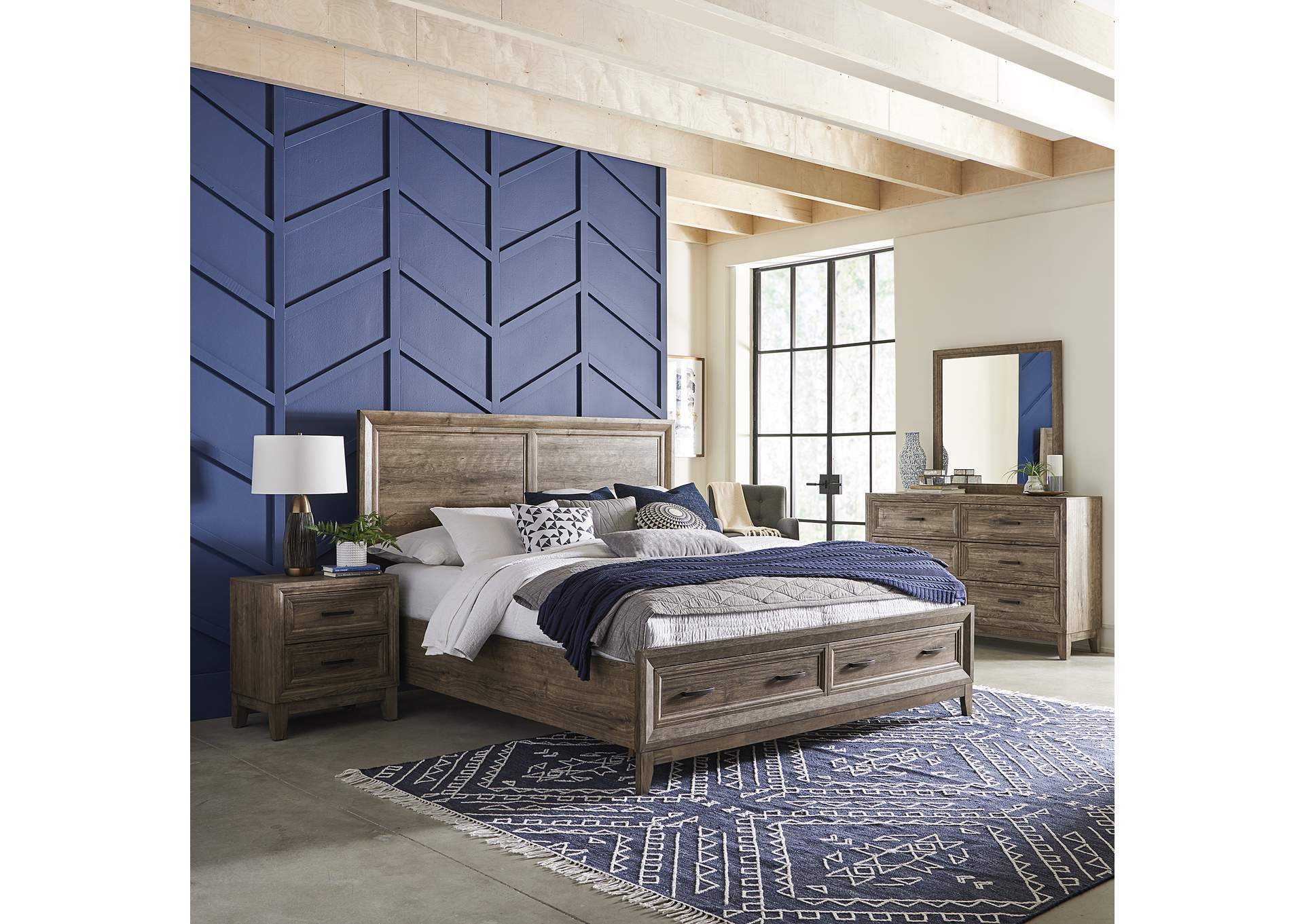Ridgecrest King Storage Bed, Dresser & Mirror, Nightstand