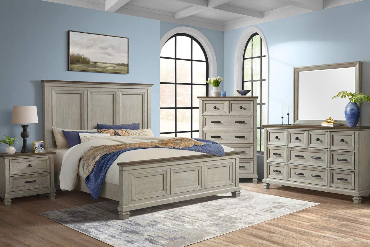 Farmington King Panel 5 Piece Bedroom Set In Medium Brown And Washed Stone image 1