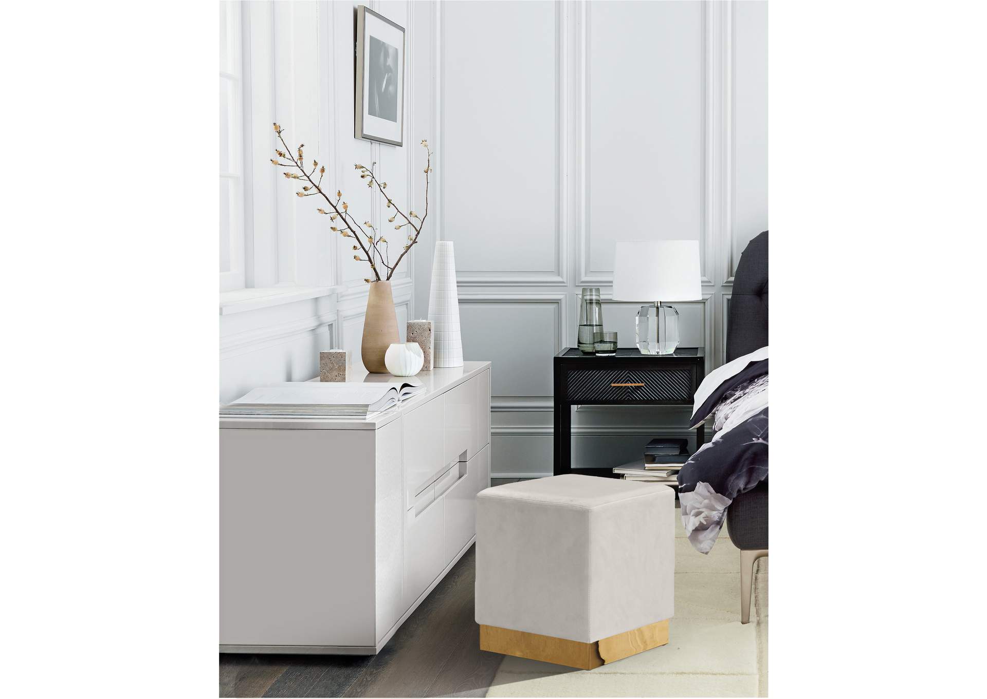 Jax Cream Velvet Ottoman - Stool
