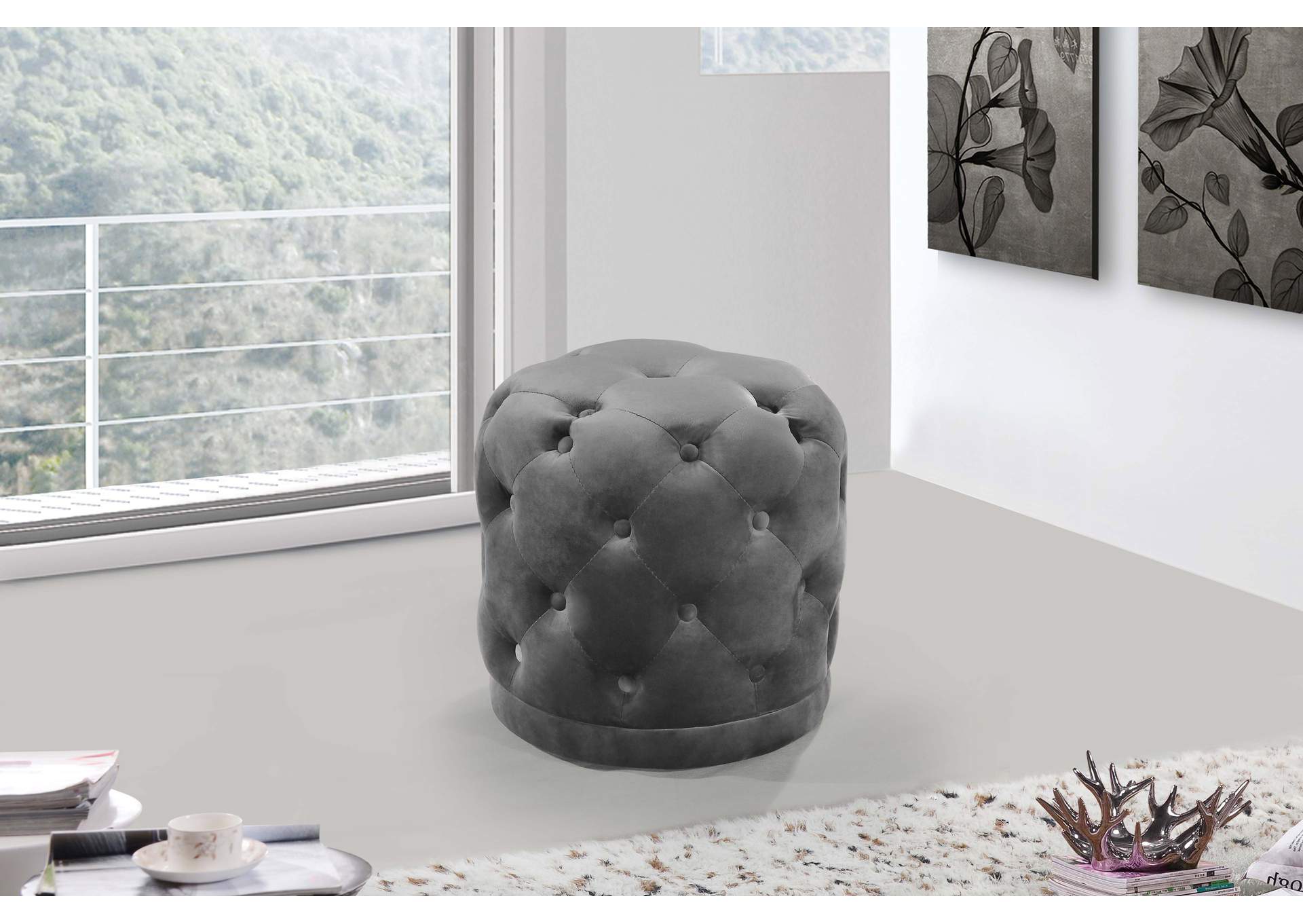 Harper Grey Velvet Ottoman - Stool