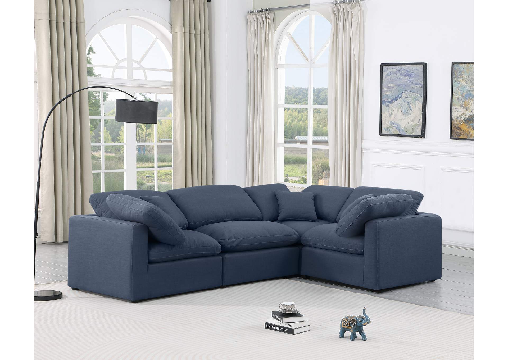 Indulge Navy Linen Textured Fabric Modular Sectional image 3