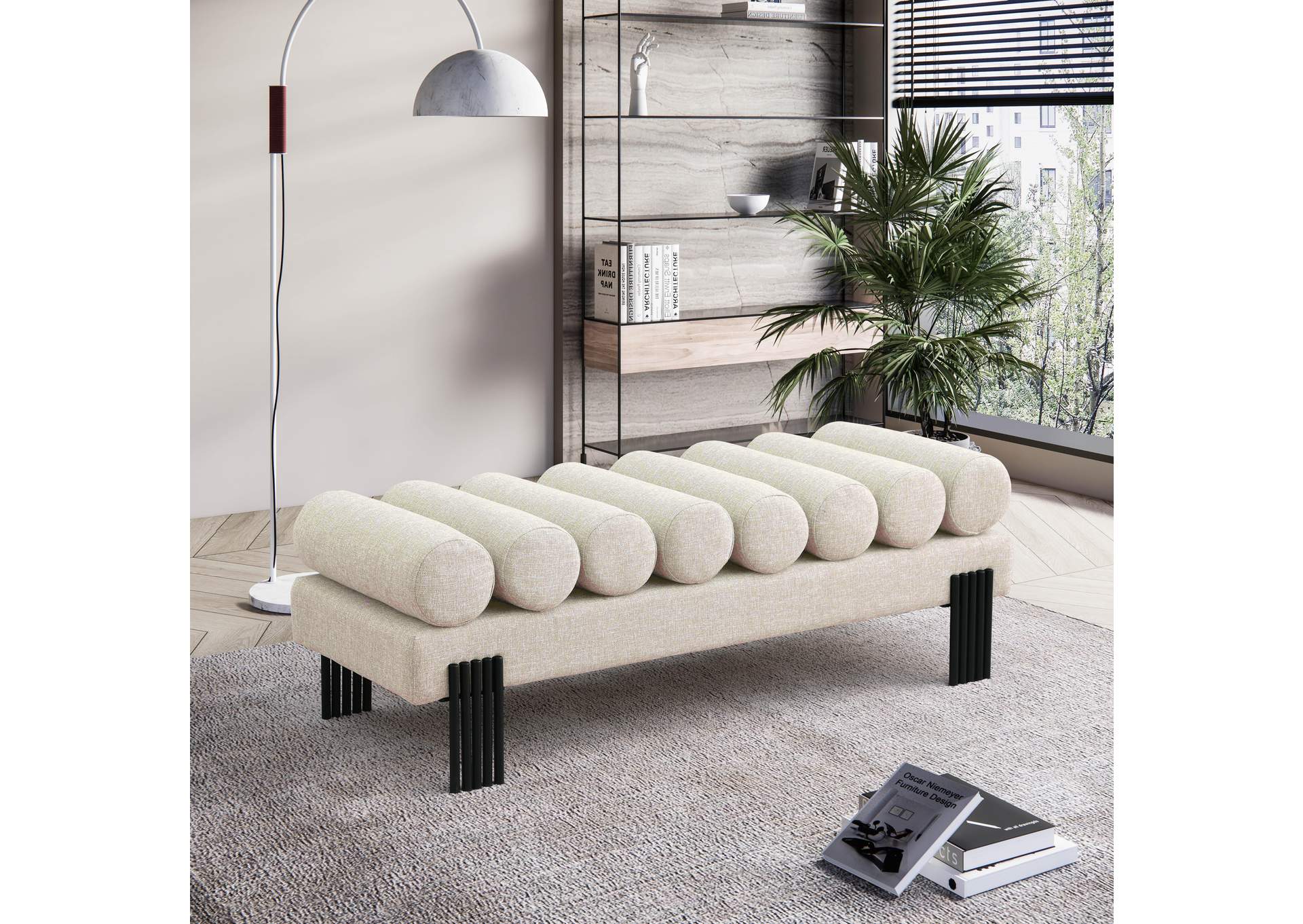 Akeela Beige Linen Textured Fabric Bench