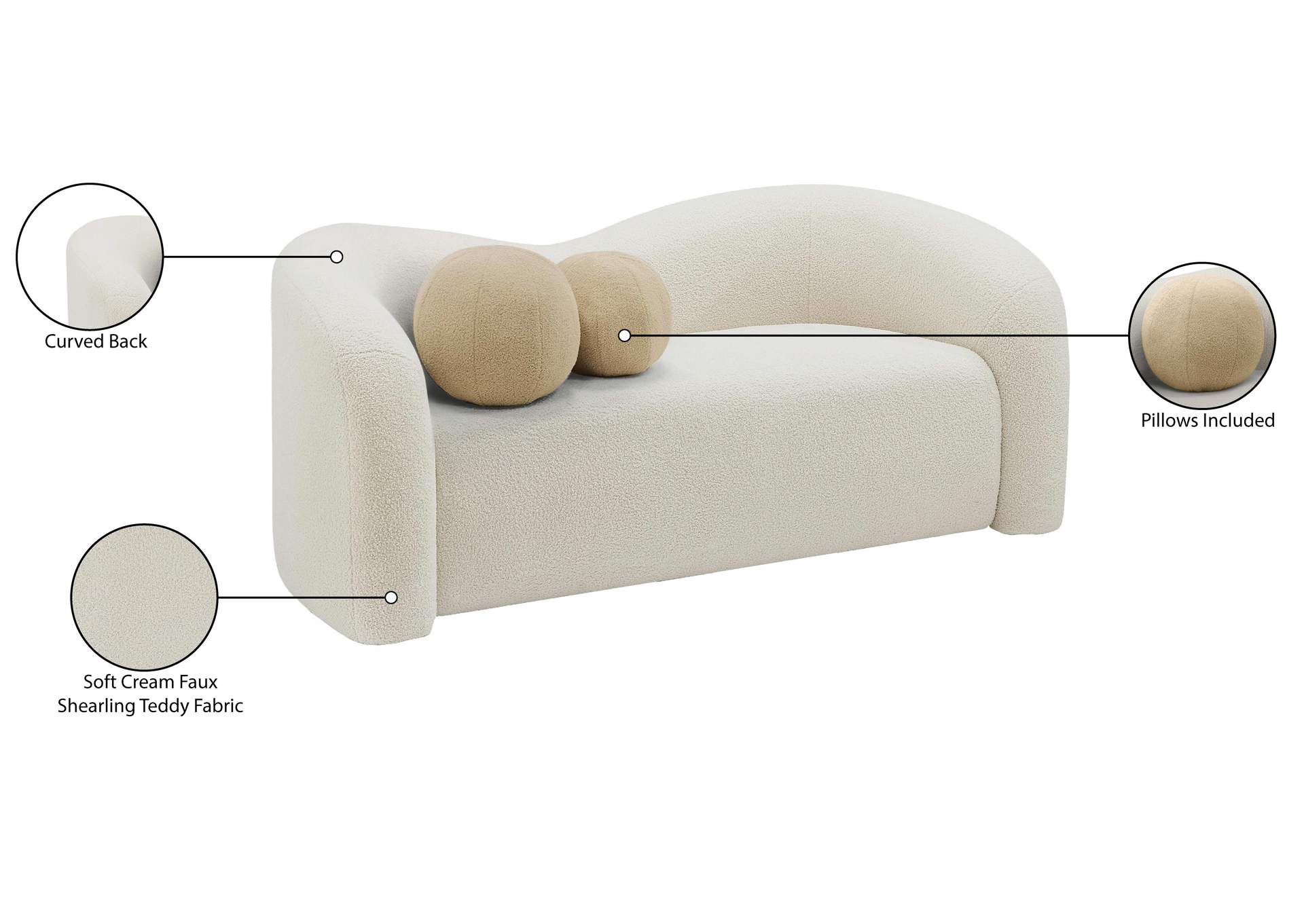 Kali Cream Faux Shearling Teddy Fabric Loveseat
