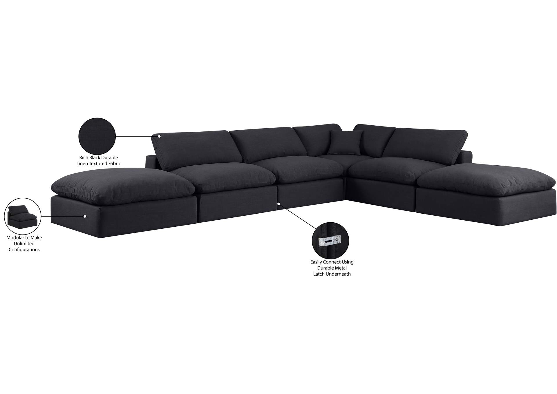 Comfy Black Linen Textured Fabric Modular Sectional