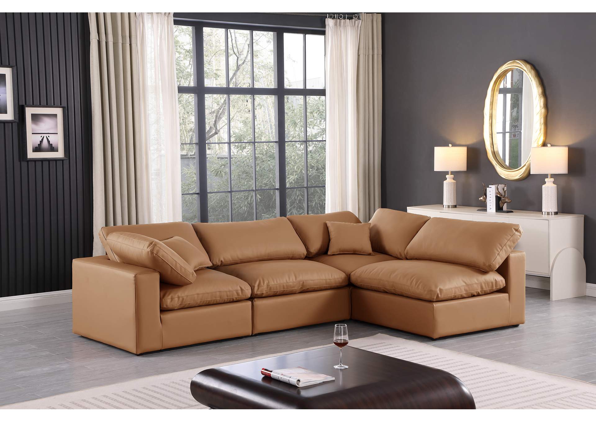 Comfy Cognac Faux Leather Modular Sectional
