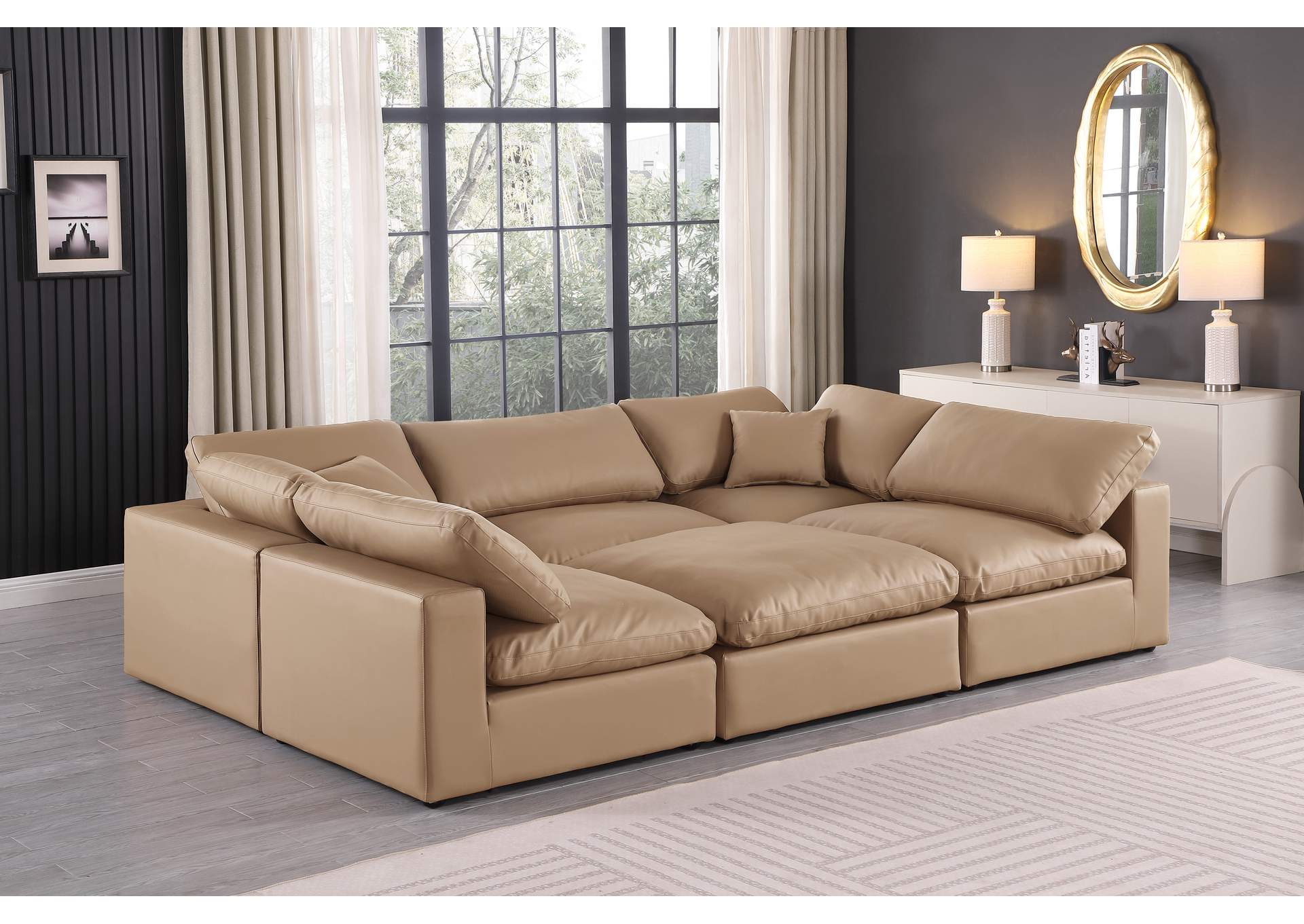 Comfy Tan Faux Leather Modular Sectional