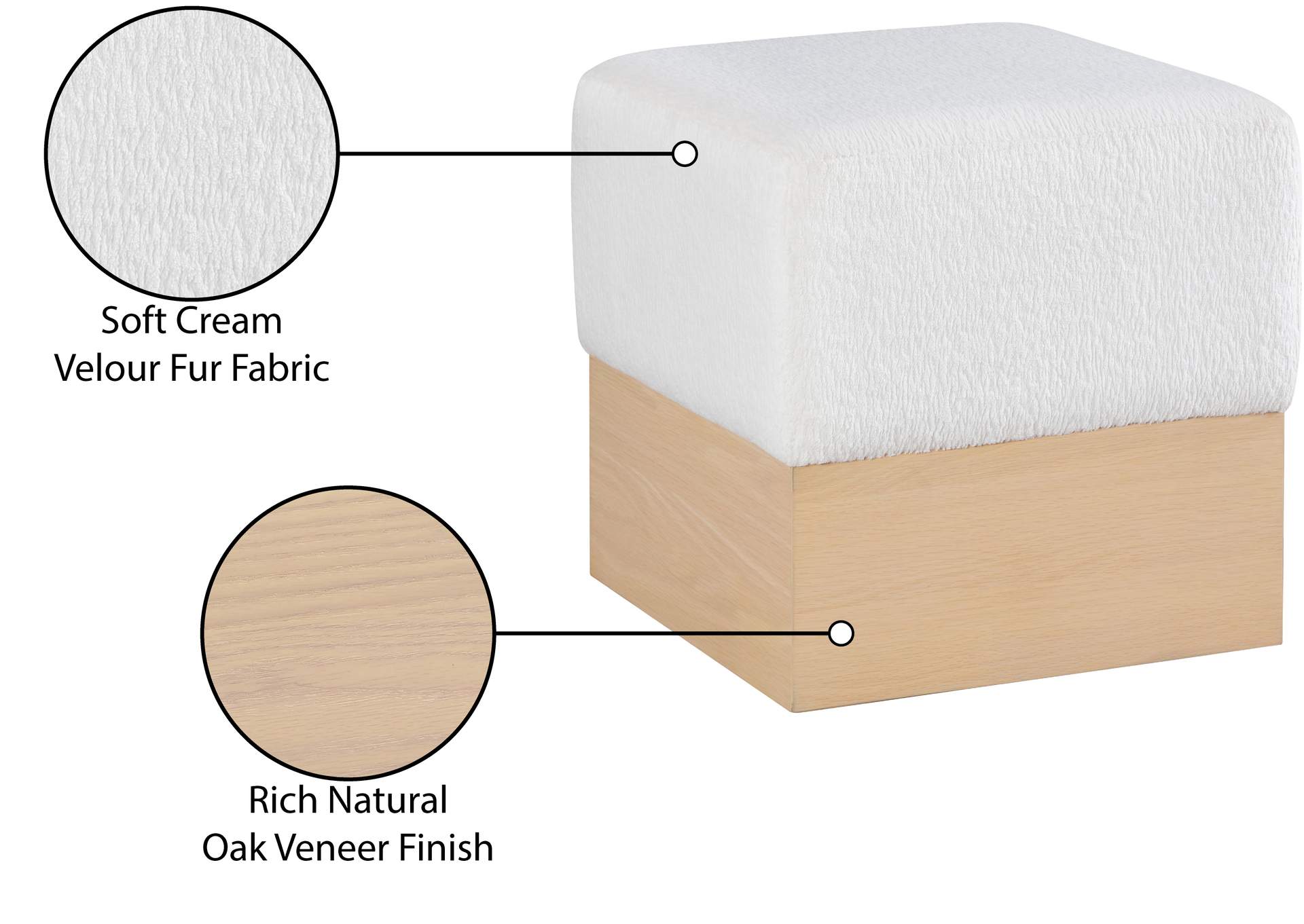 Havre Cream Velour Fur Fabric Ottoman - Stool