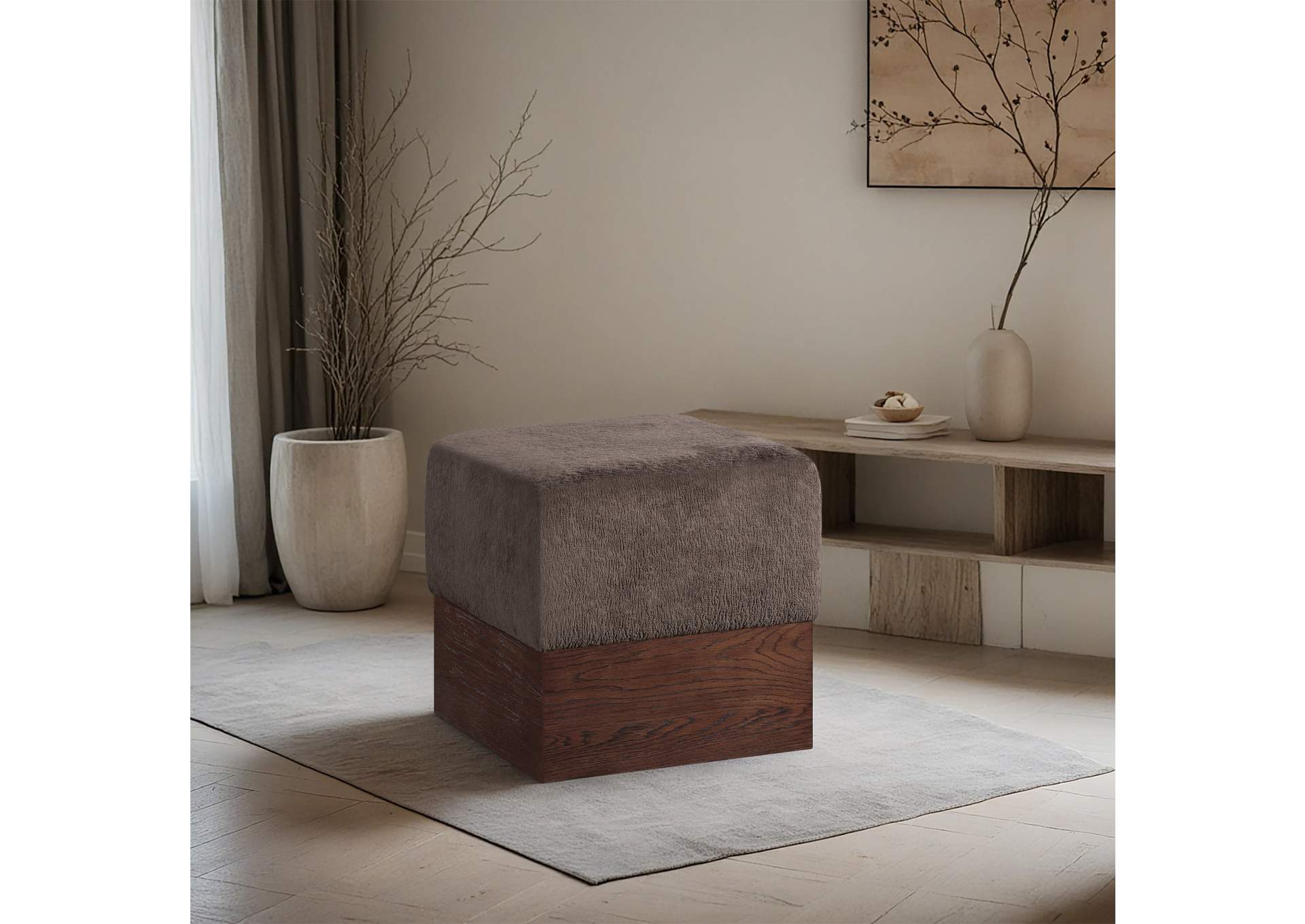 Havre Brown Velour Fur Fabric Ottoman - Stool image 3