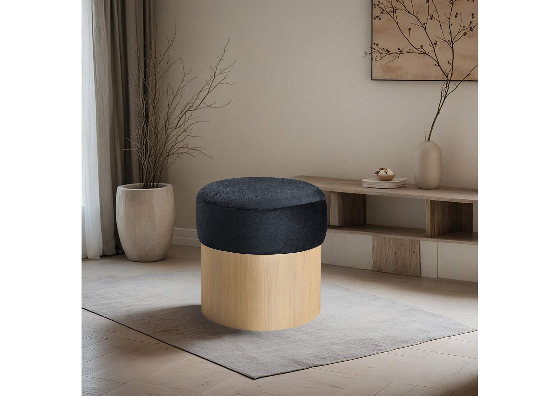 Nimes Black Velour Fur Fabric Ottoman - Stool