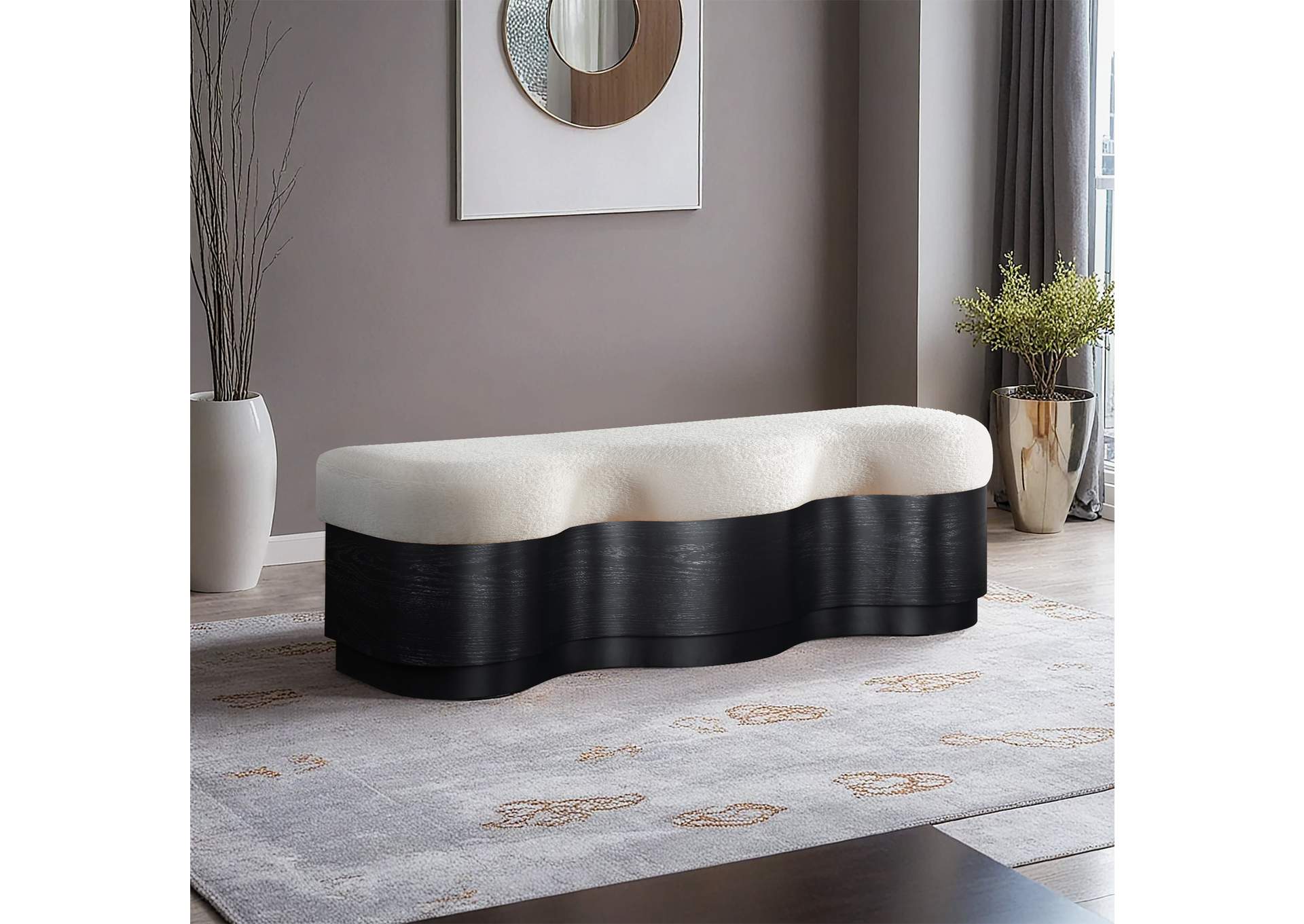 Savoy Cream Velour Fur Fabric Bench