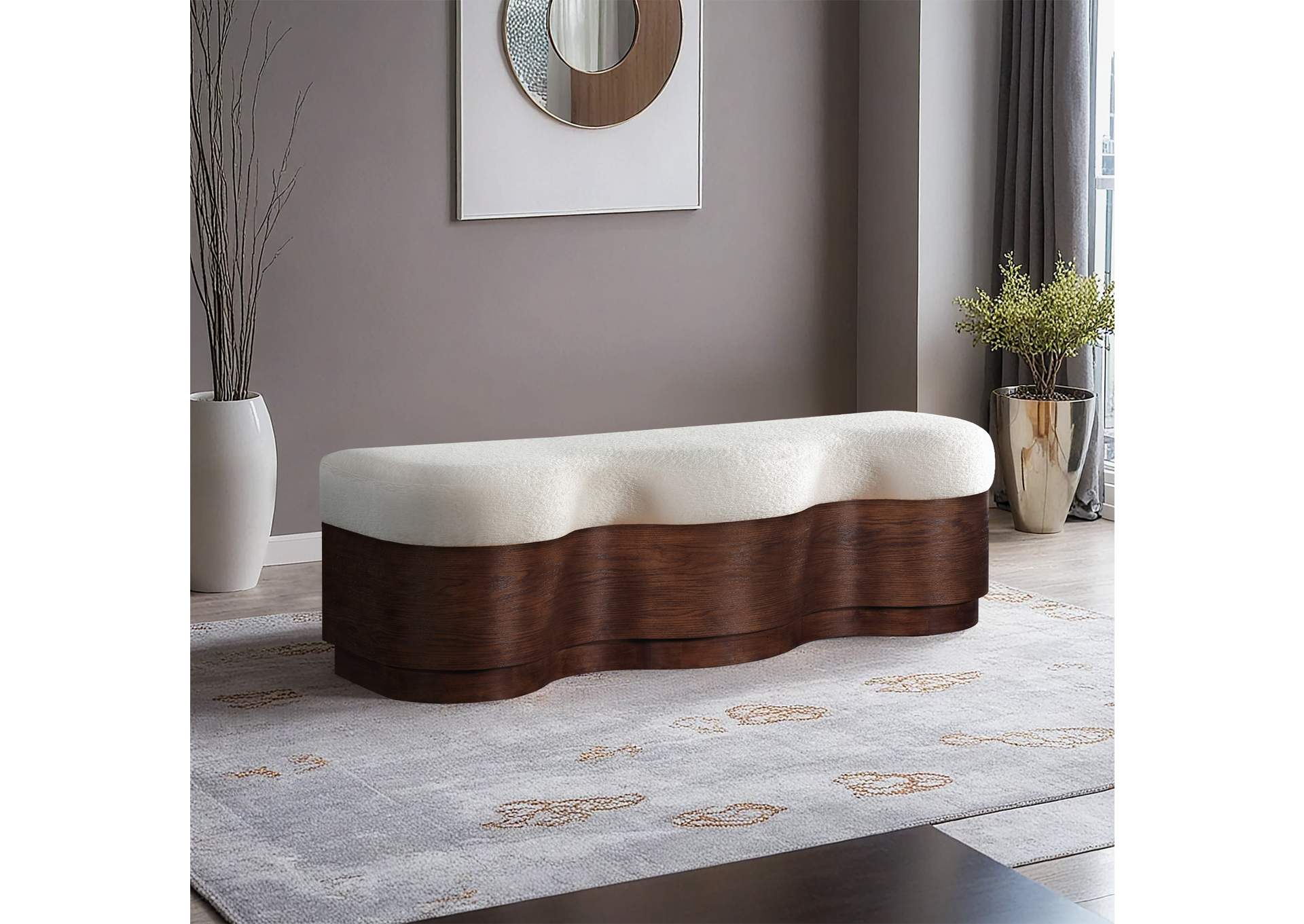 Savoy Cream Velour Fur Fabric Bench
