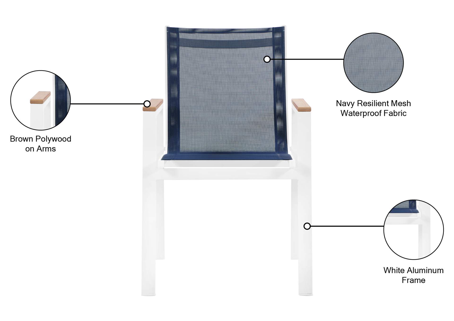 Nizuc Navy Mesh Water Resistant Fabric Outdoor Patio Aluminum Mesh Dining Arm Chair