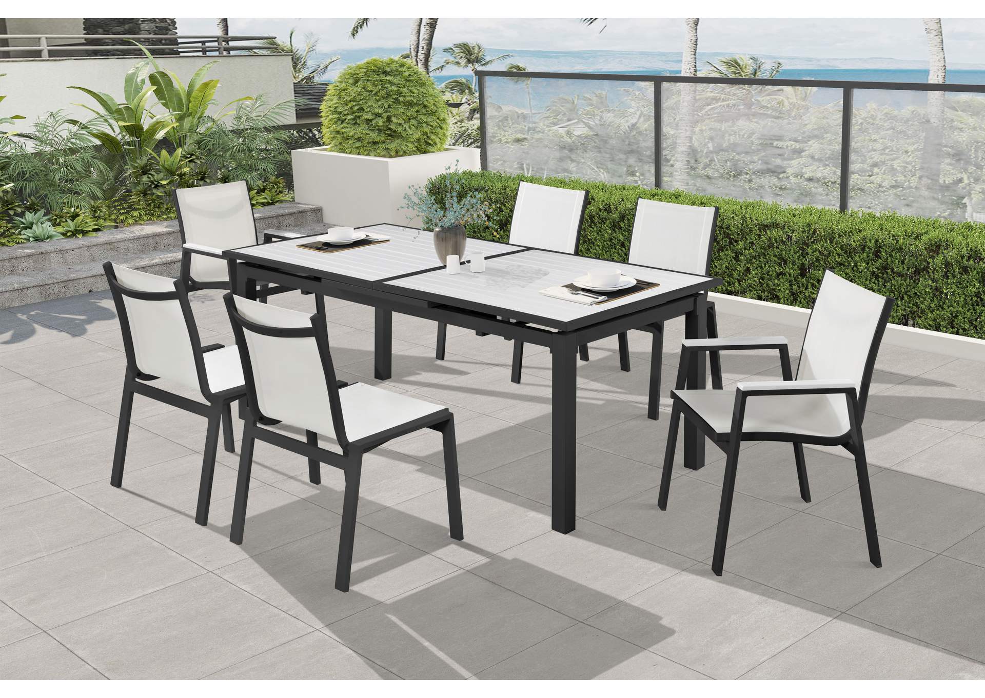 Nizuc White Wood Look Accent Paneling Outdoor Patio Aluminum Dining Table