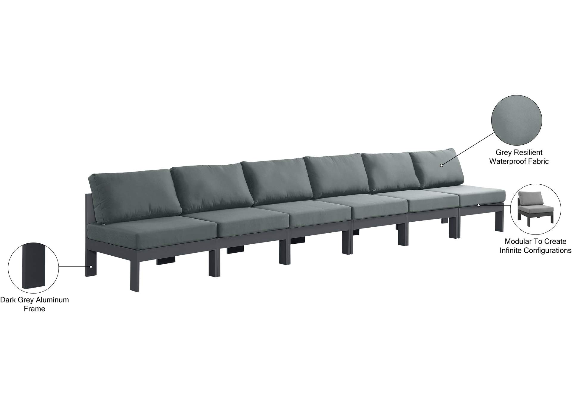 Nizuc Grey Water Resistant Fabric Outdoor Patio Modular Sofa