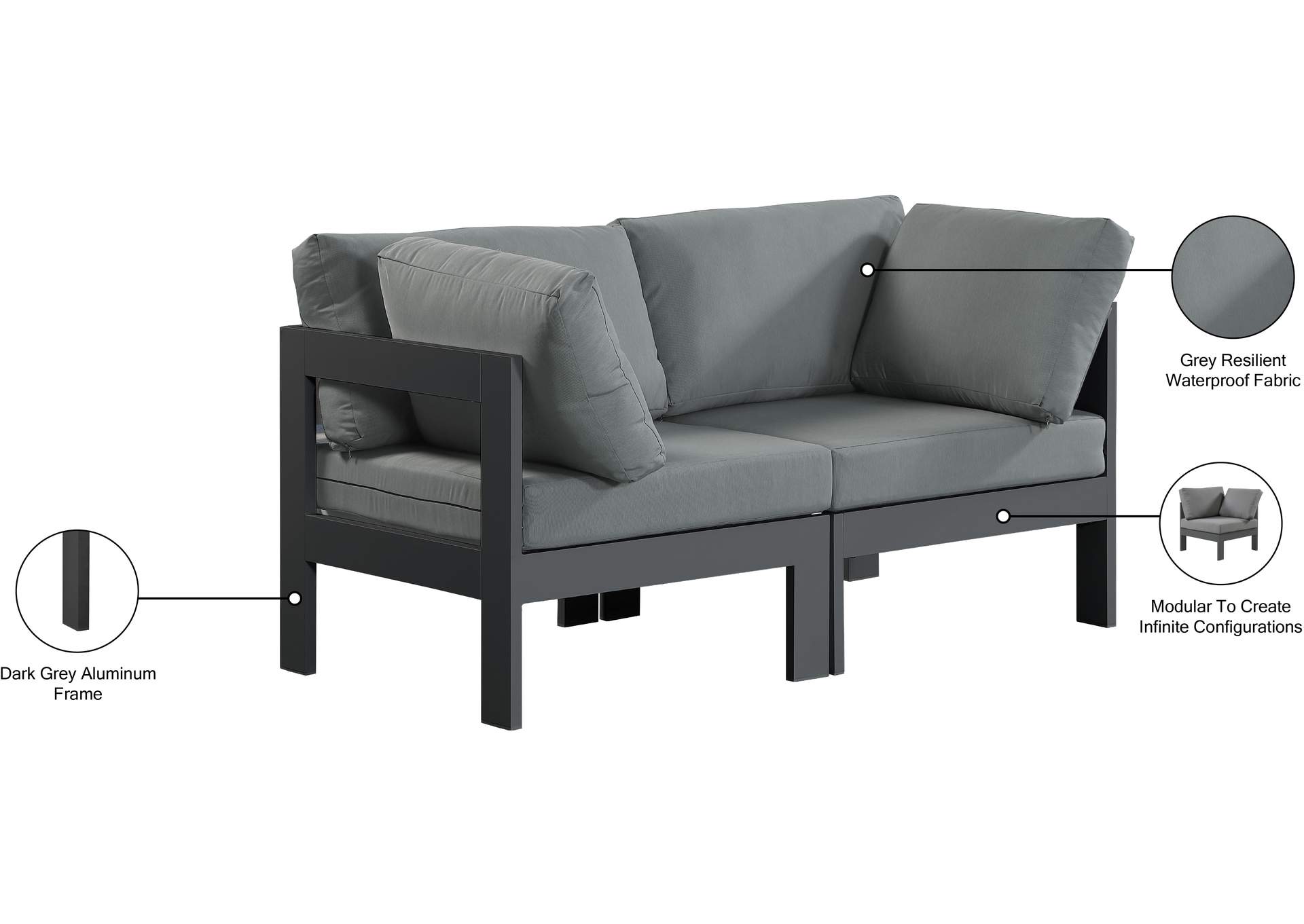 Nizuc Grey Water Resistant Fabric Outdoor Patio Modular Sofa