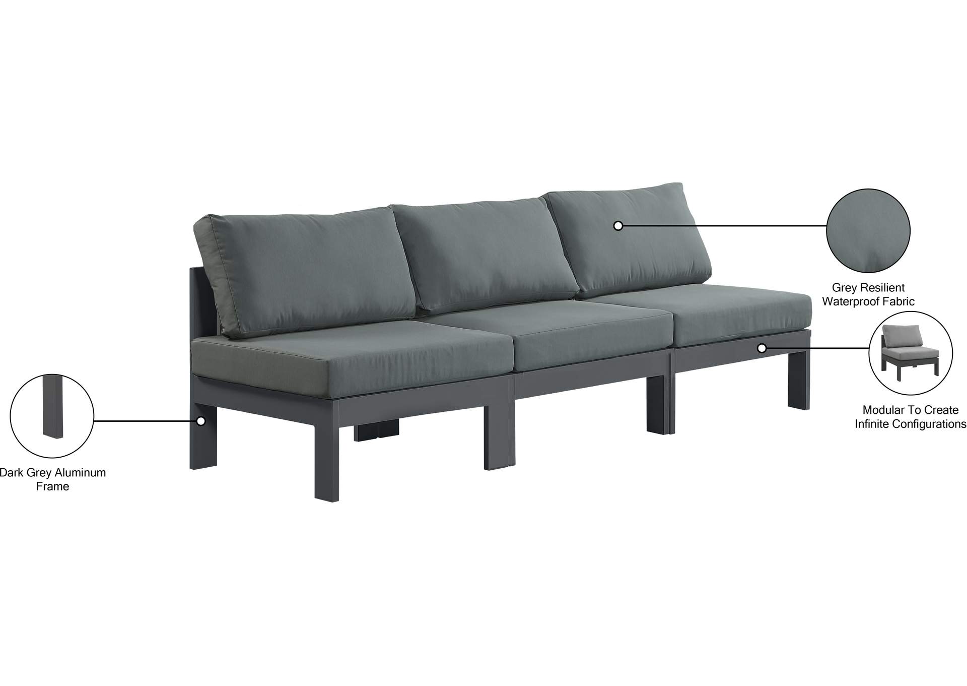 Nizuc Grey Water Resistant Fabric Outdoor Patio Modular Sofa