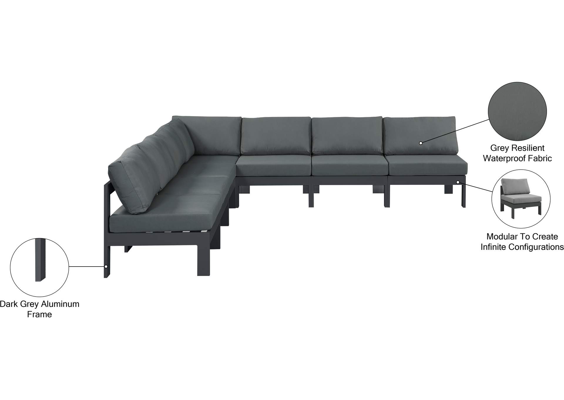 Nizuc Grey Water Resistant Fabric Outdoor Patio Modular Sectional